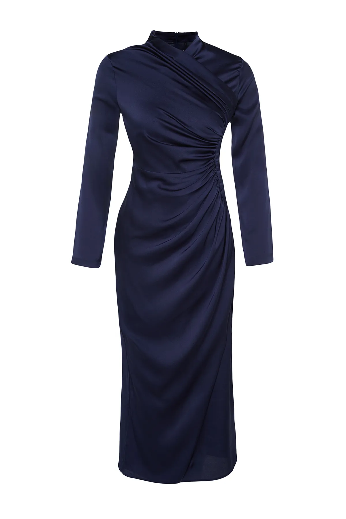 Trendyol Modest  Marineblaues, detailliertes Abendkleid aus gewebtem Satin mit Raffungen TCTSS24DB00037