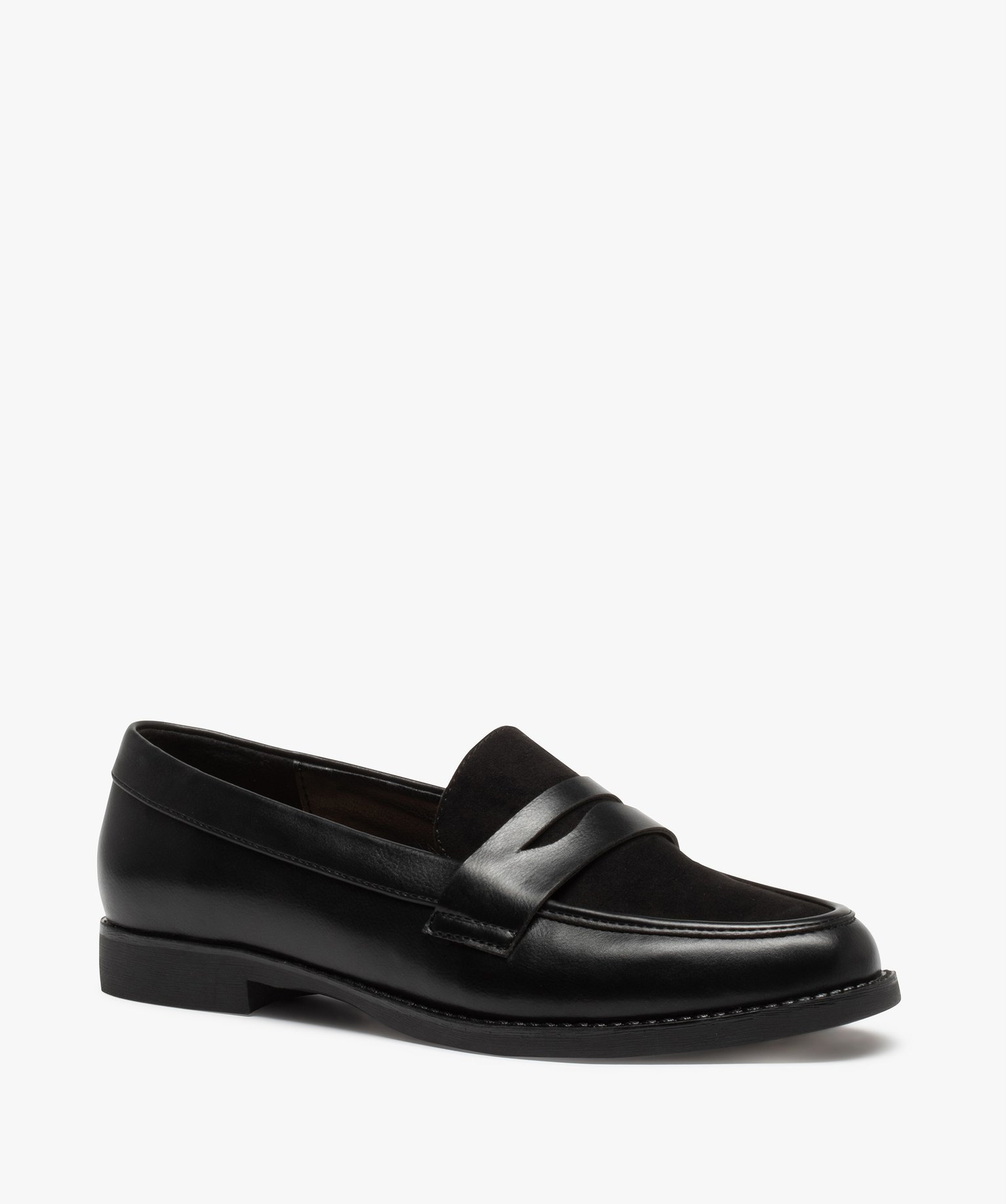 Mocassins femme unis bi-matières à talon plat noir | GEMO