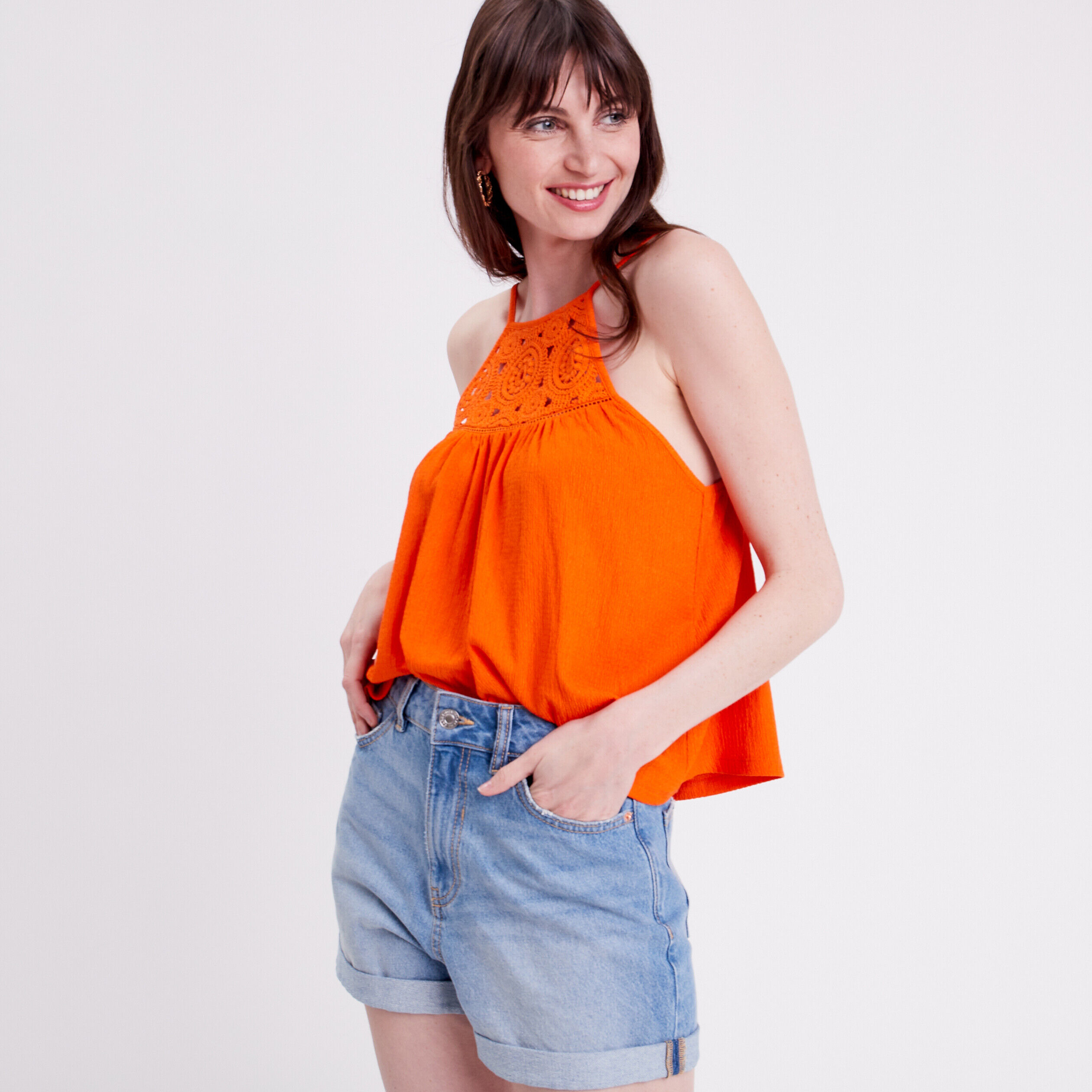 Débardeur col macramé orange femme | Cache Cache