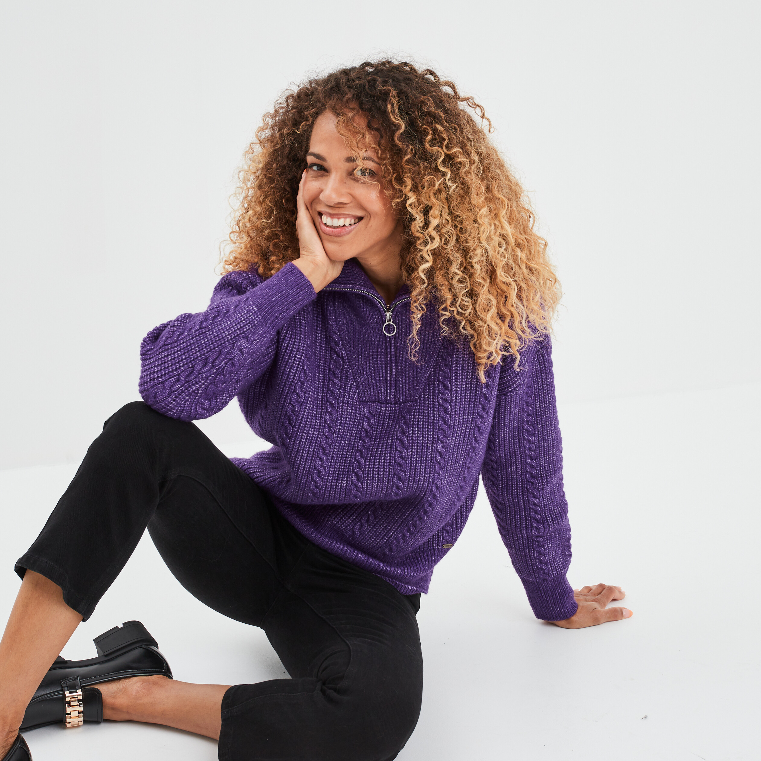 Pull camionneur zippé torsades Liberto violet foncé femme | La Halle