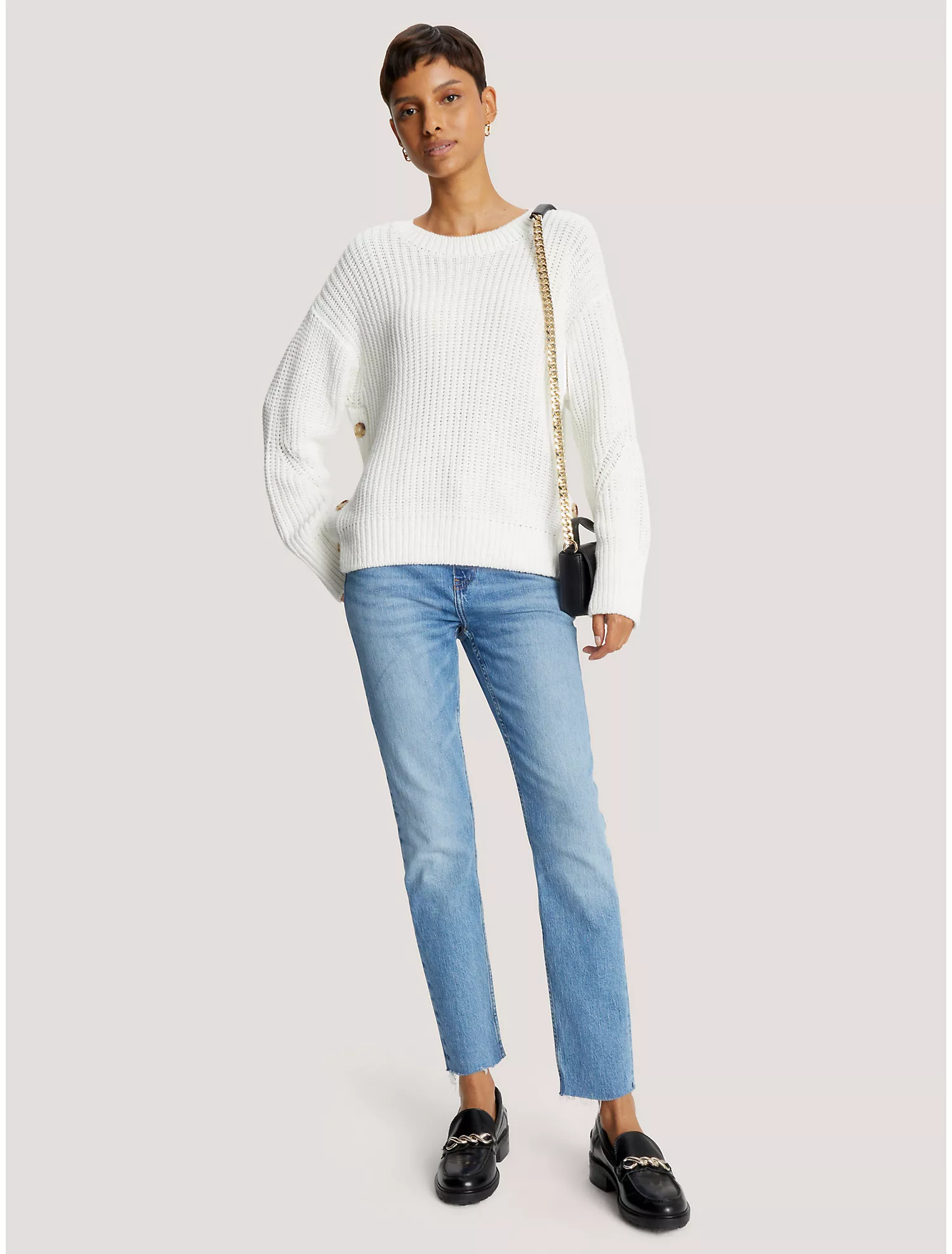 Side-Button Crewneck Sweater