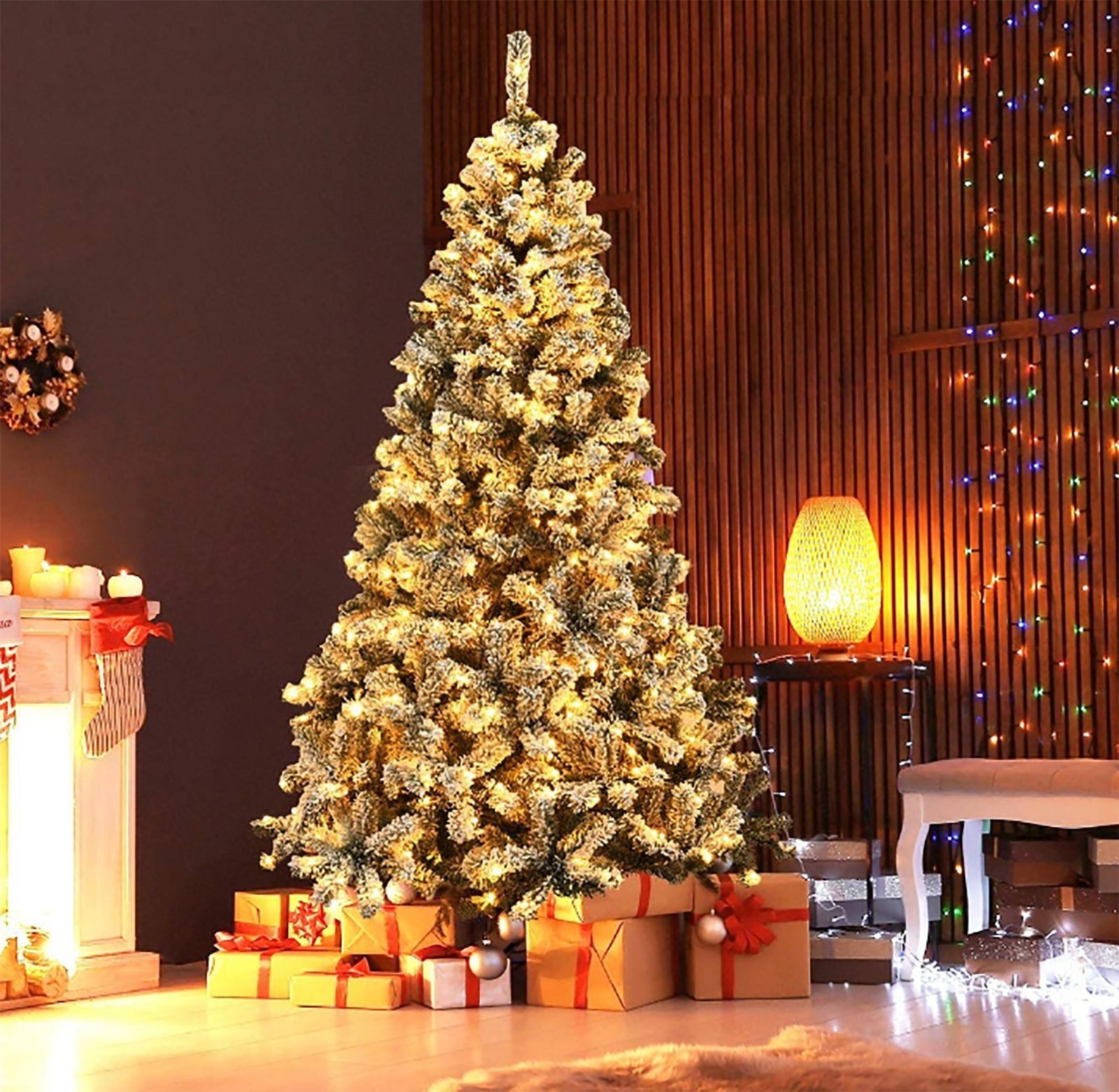 TAB Künstlicher Weihnachtsbaum Tannenbaum Weihnachten mit PVC+PE Schnee Nadeln und LED-Lichter, Nordmanntanne mit 1200 Spitzen und 360 LED Lichtern, mit Schnee