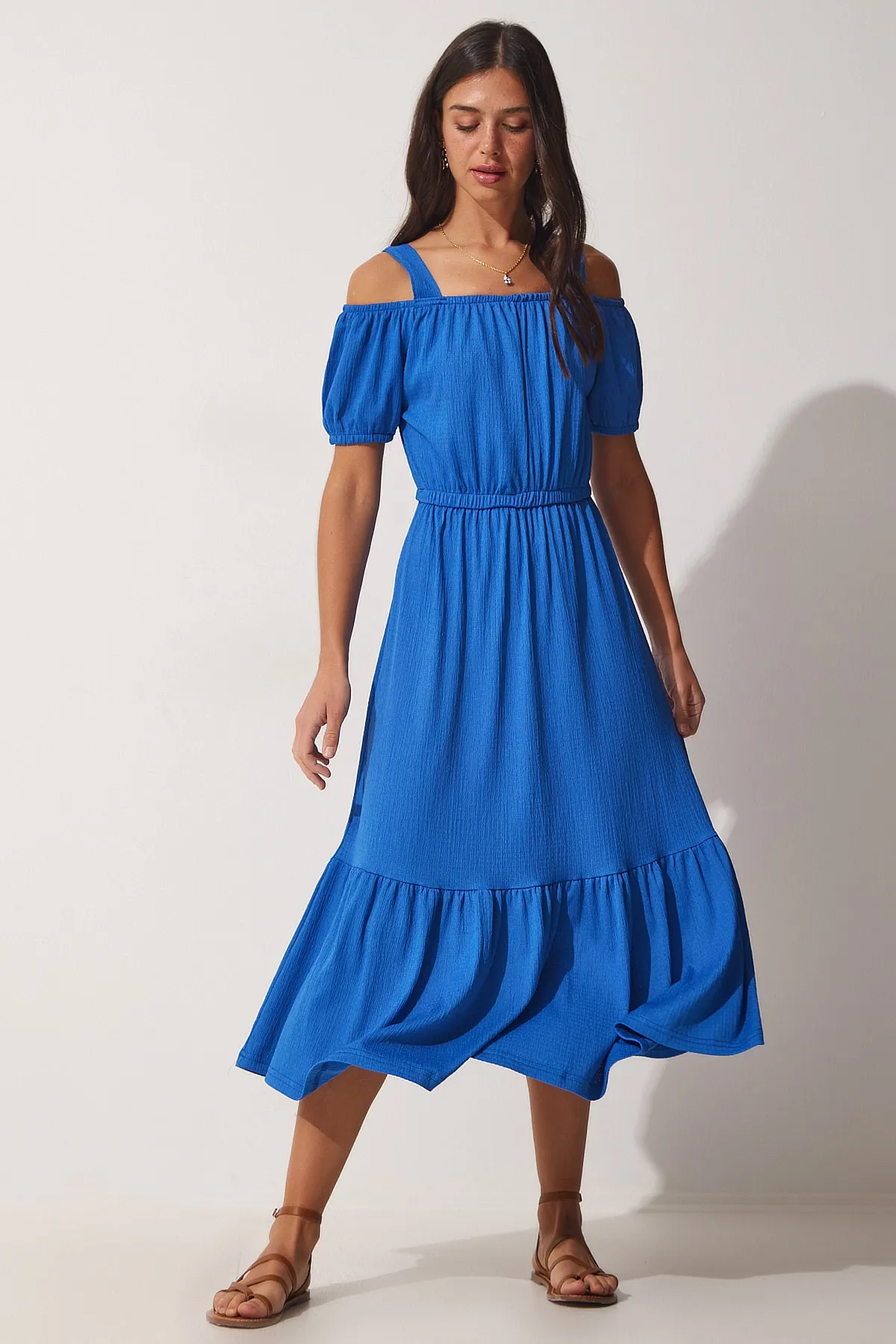 Happiness İstanbul  Dunkelblaues trägerloses Sommer-Strickkleid für Damen AP00182
