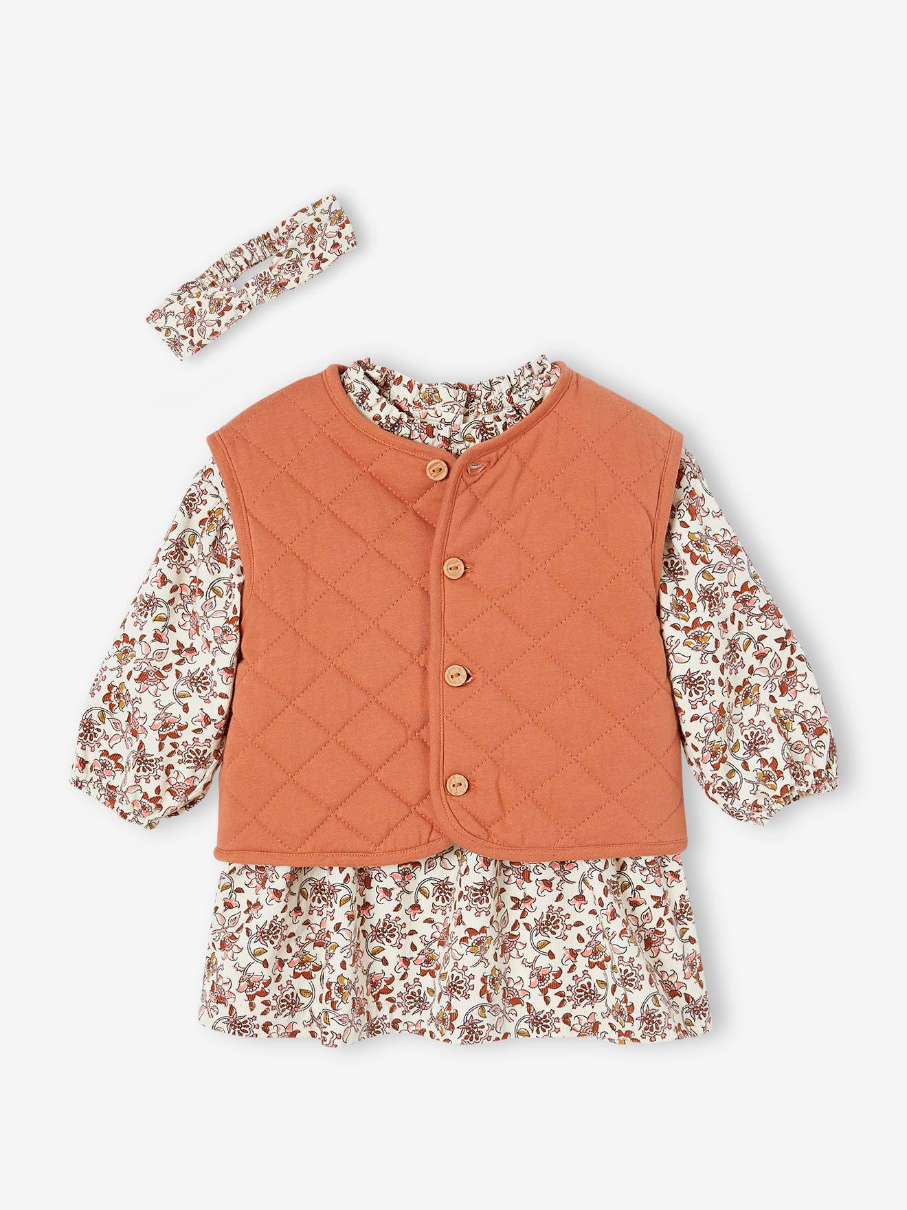 Ensemble 3 pièces bébé : gilet matelassé, robe et bandeau en velours bébé rouille