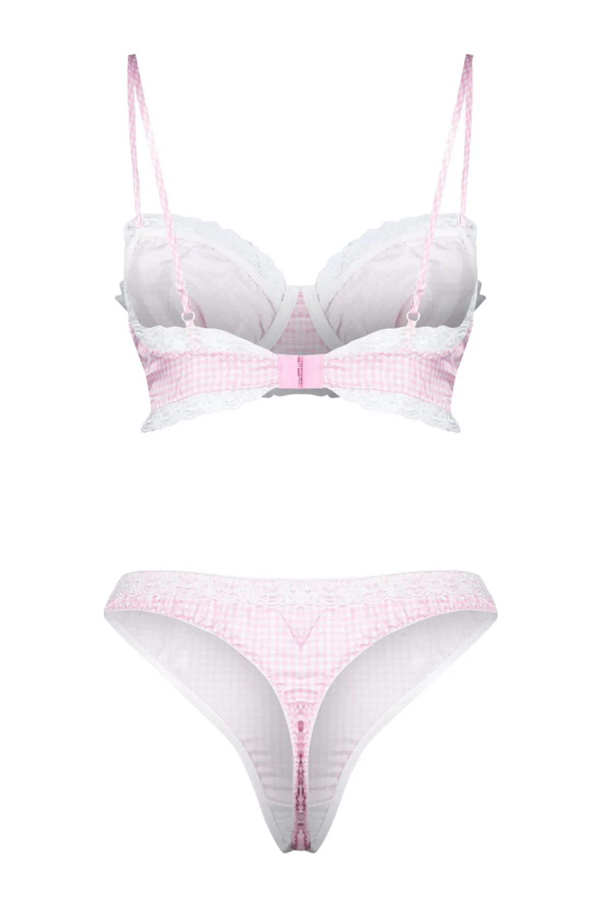 Trendyol Collection  Rosa Satin-Unterwäscheset mit karierter Spitze und Seilriemen, ohne Verschluss, THMSS24CC00027