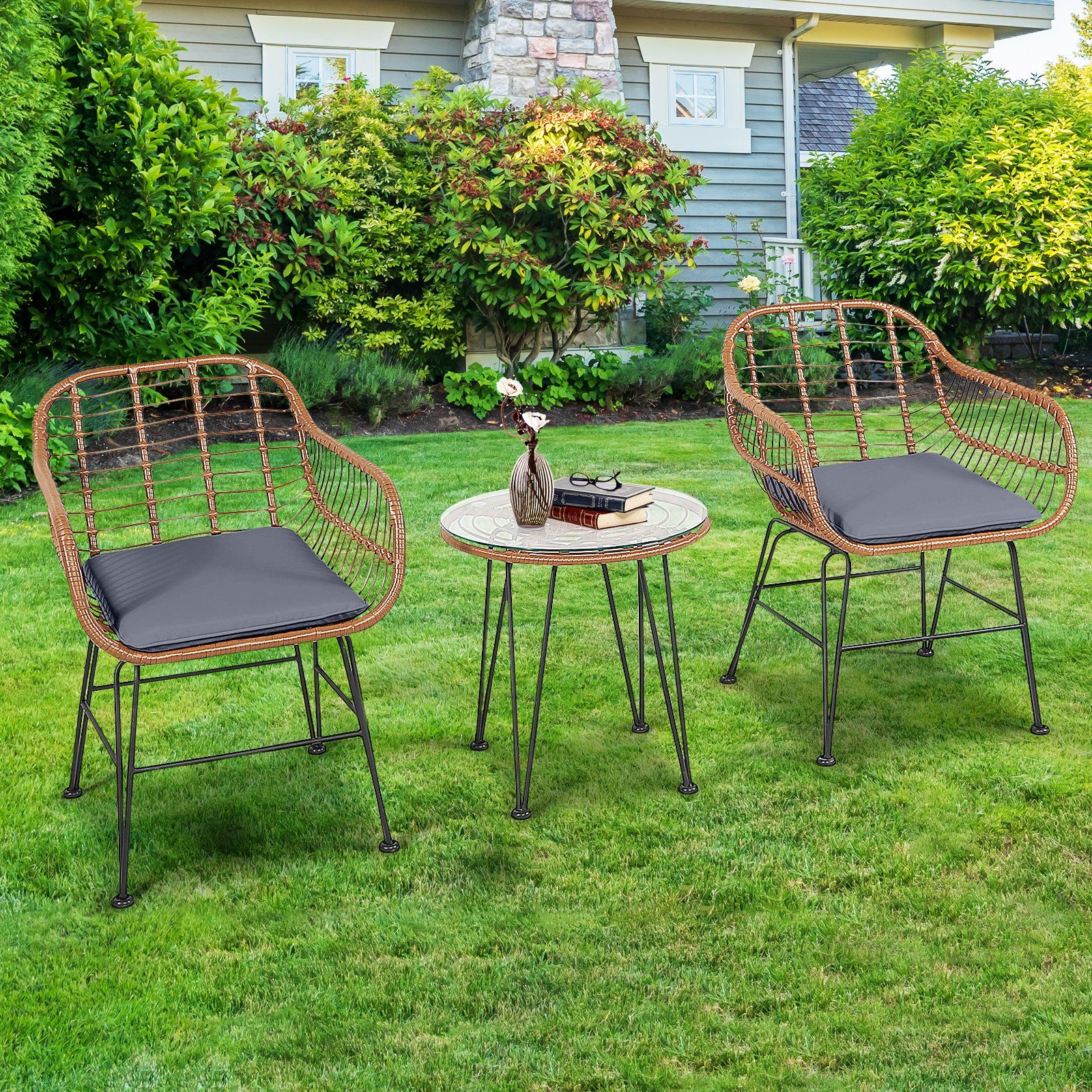 COSTWAY Balkonset, 3-tlg, Rattan, 2 personen, mit Sitzkissen, 180kg