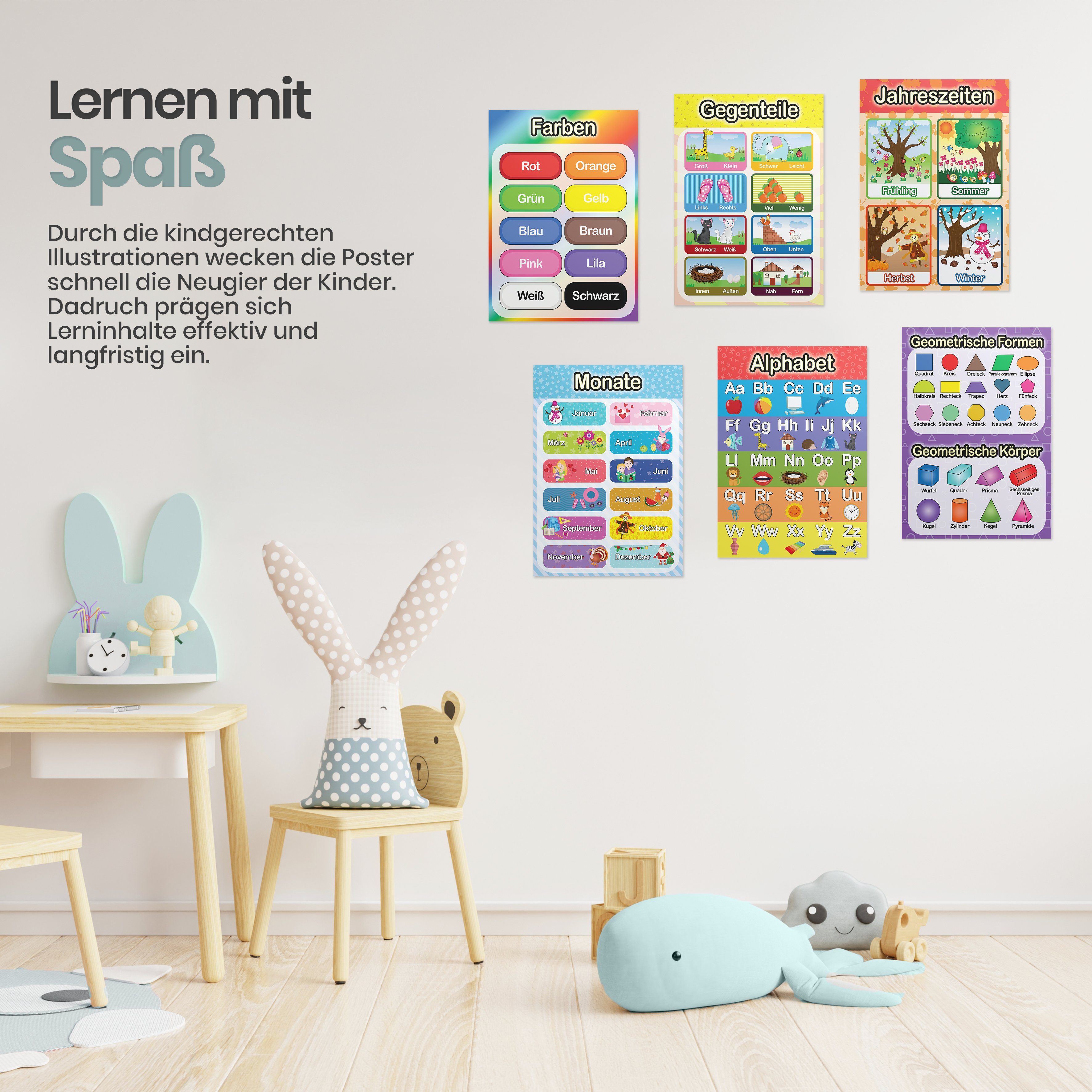 Likarto Poster 12 pädagogische Montessori Lernposter, Grundlagen 1, Extra dickes Papier und beidseitig laminiert, lernen