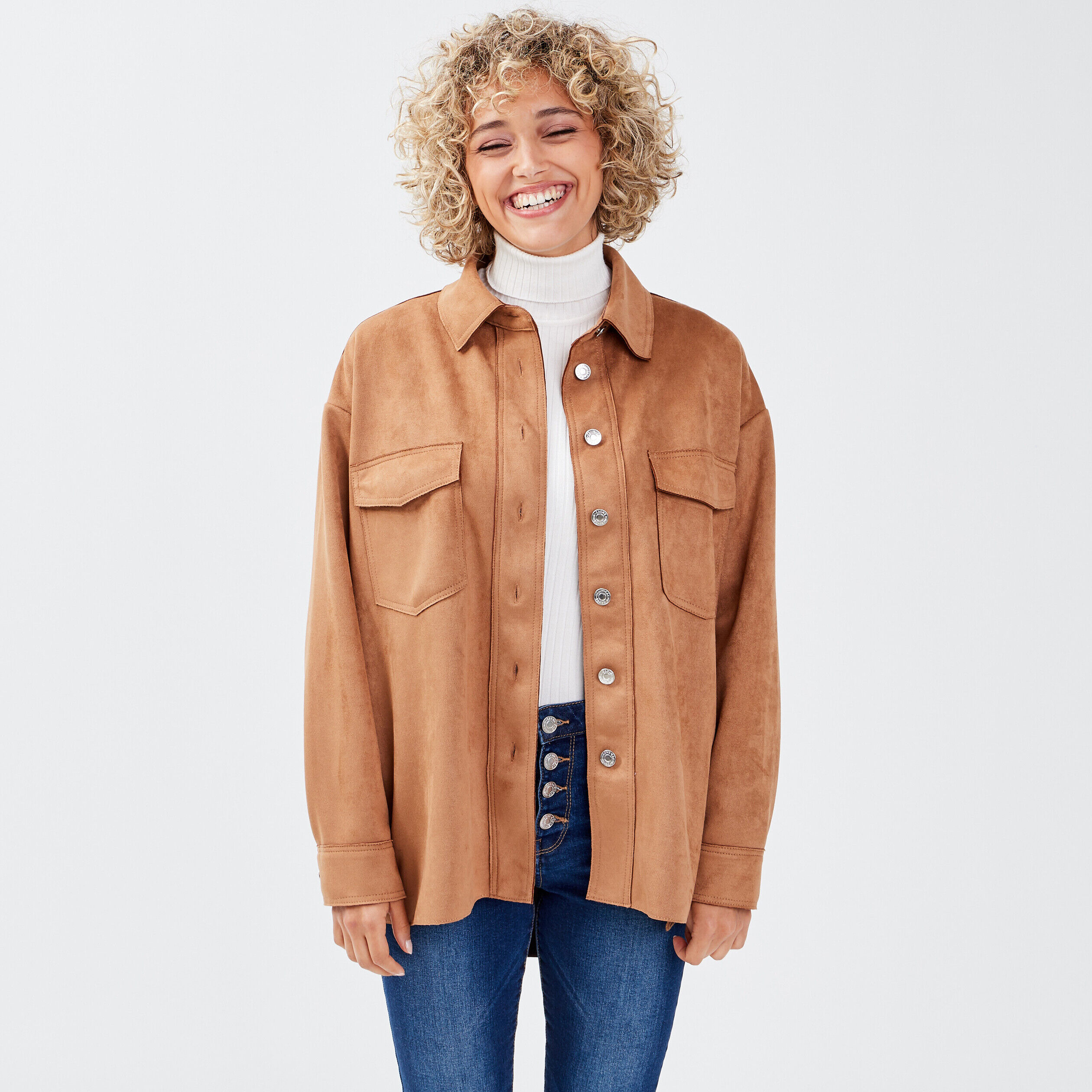 Veste droite boutonnée suédée camel femme | Cache Cache