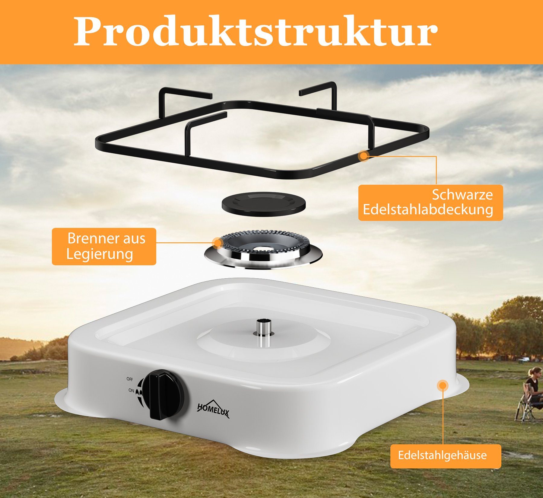 HOMELUX Gaskocher Campingkocher mit 1,5M Anschlussschlauch und Druckminderer 50 mbar, (Camping Gasherd Kocher)
