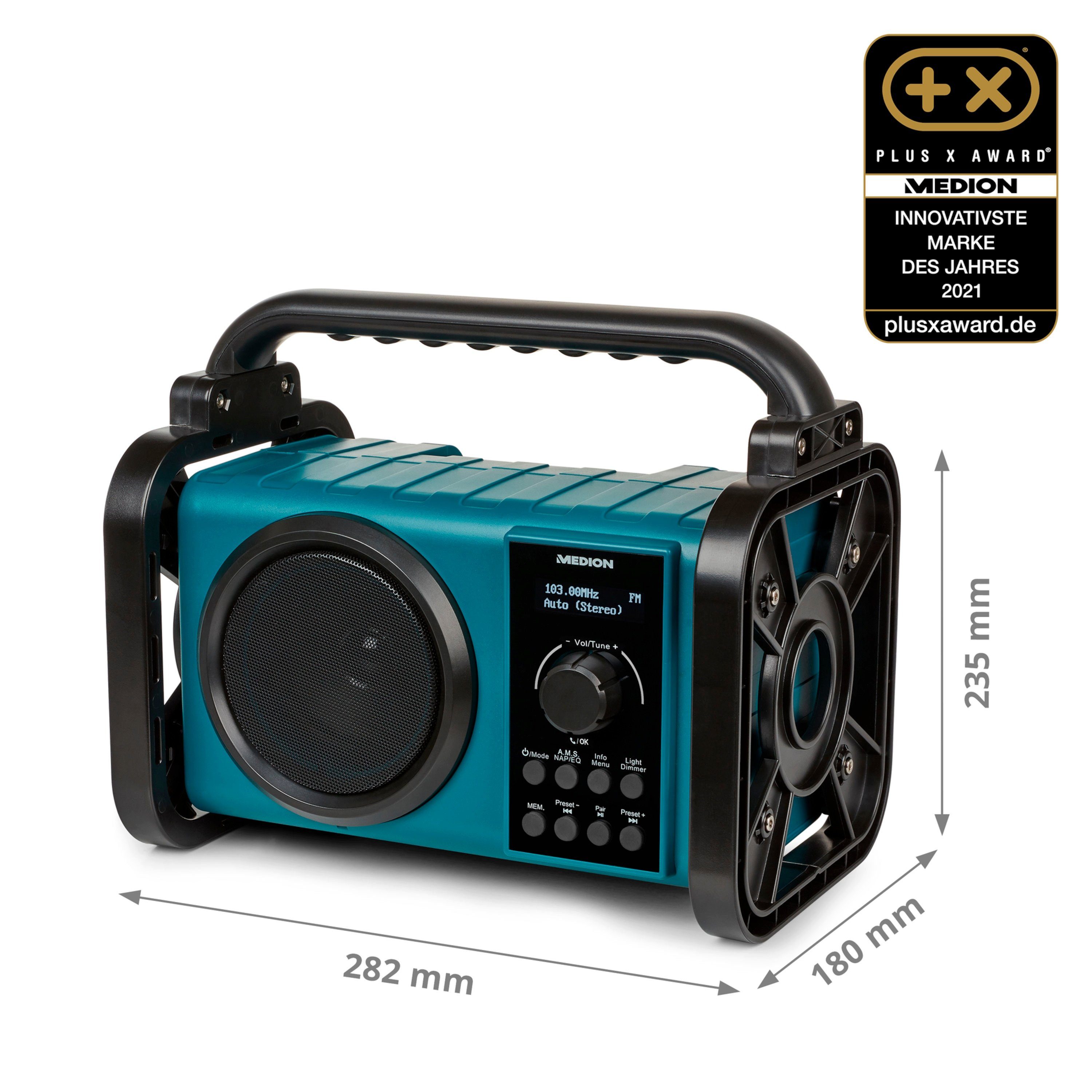 Medion® E66877 Baustellenradio, LC-Display, Bluetooth, IP44, LED-Licht Baustellenradio (AM/FM, MW/UKW, DAB+, 5 W, MD43877)