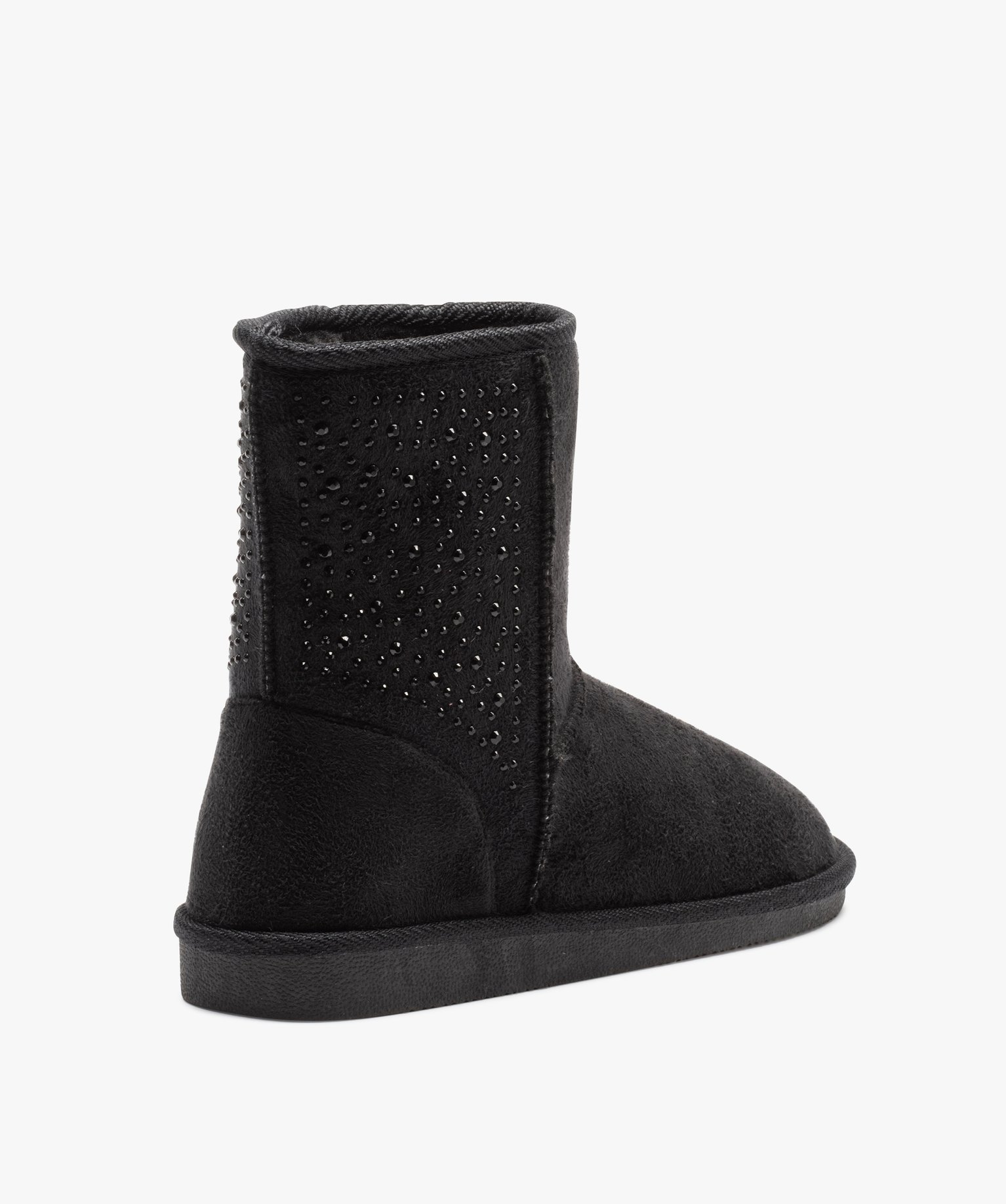 Boots fourrées femme à talon plat dessus suédine et strass noir | GEMO