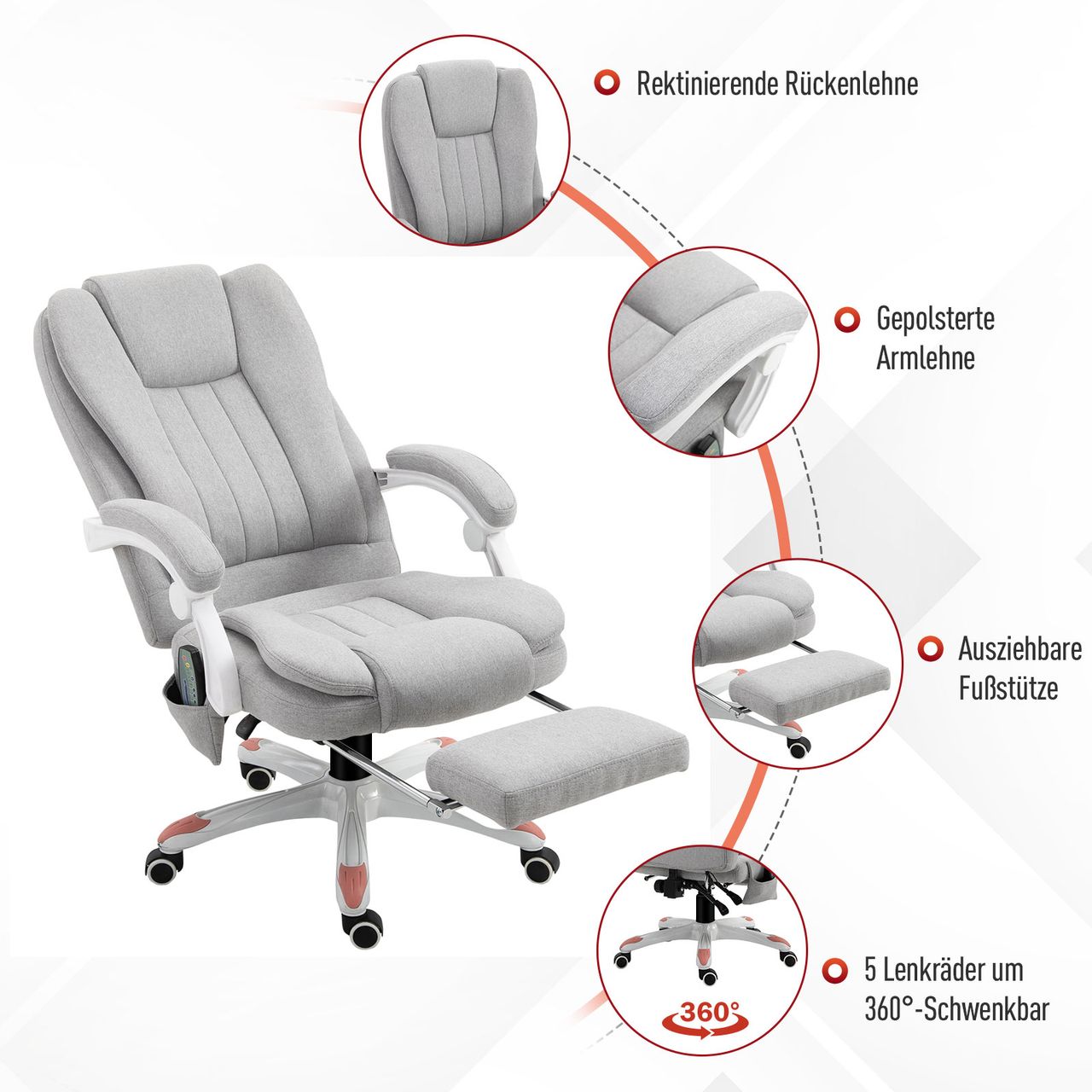 Vinsetto Massage Sessel Bürostuhl Gaming Stuhl Polyester Schaumstoff Nylon Grau
