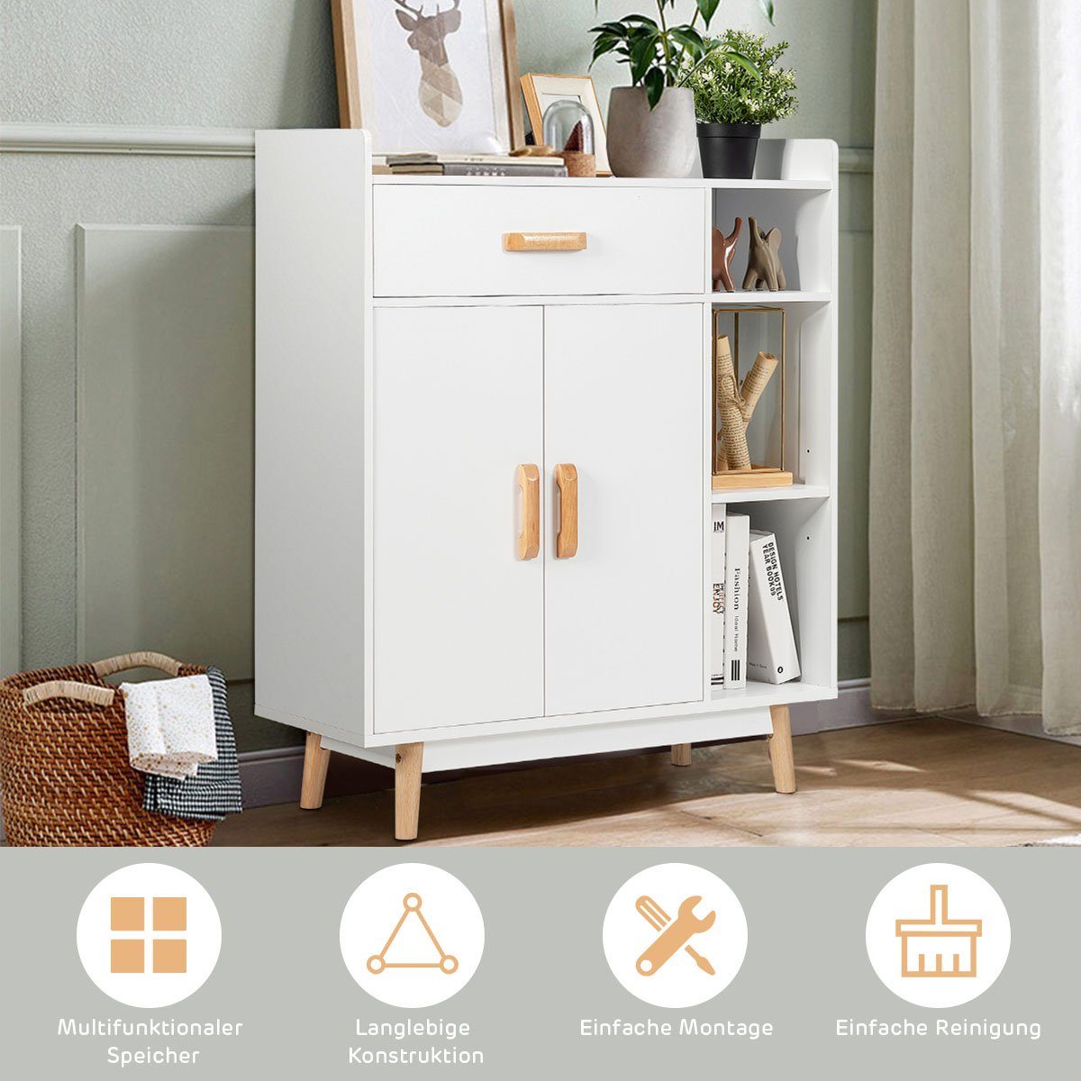 COSTWAY Kommode, mit Schublade&Fächern, aus Holz, stehend, 80x30x95cm, weiß