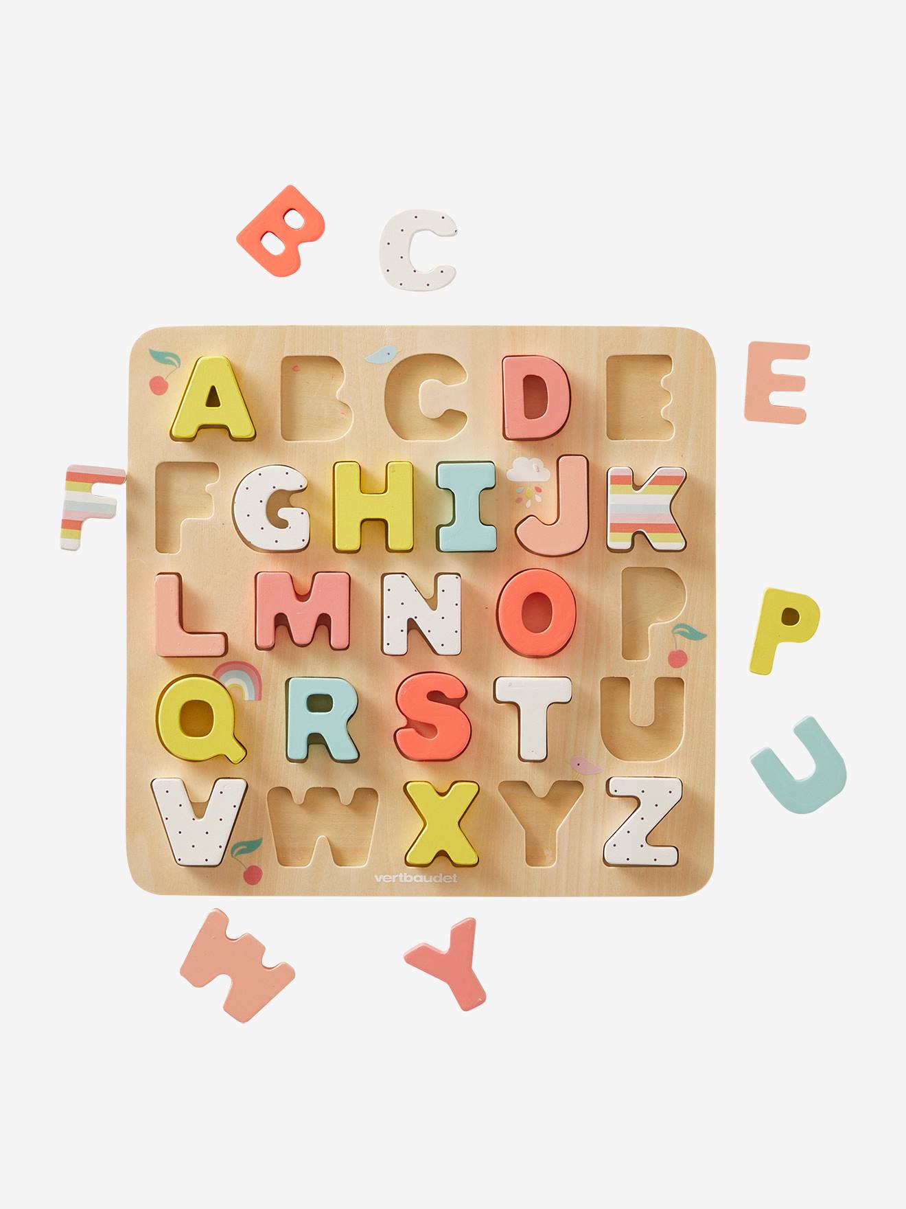 Puzzle lettres à encastrer en bois FSC® rose clair uni avec decor