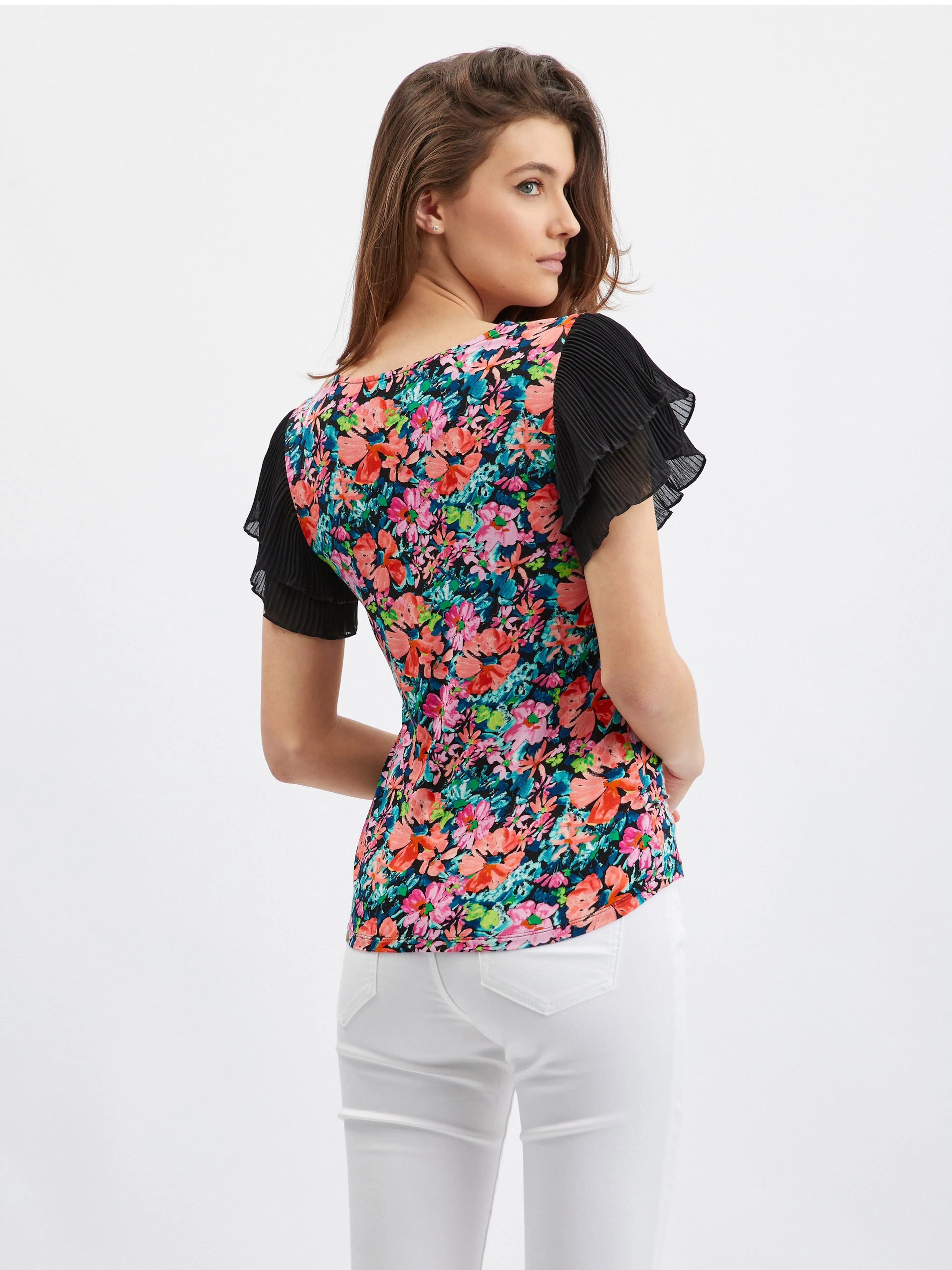 Blaue und schwarze Damenbluse mit Blumen ORSAY