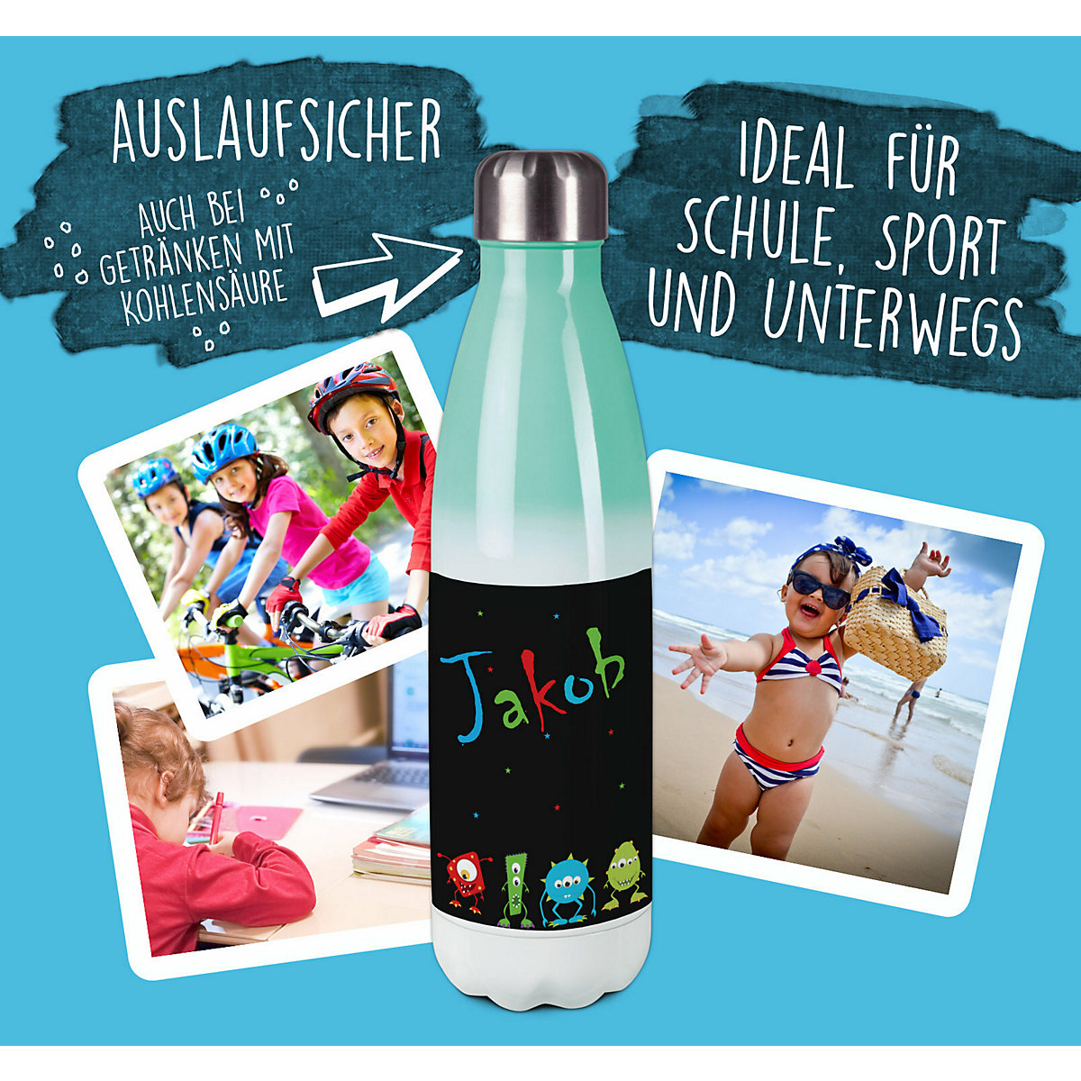Edelstahl Kinder Thermoflasche / Trinkflasche bunt Monsterparade Spülmaschinenfest, Auslaufsicher, Bruchfest, Doppelwandig, Für Heißgetränke geeignet, Mit Deckel, Isoliert