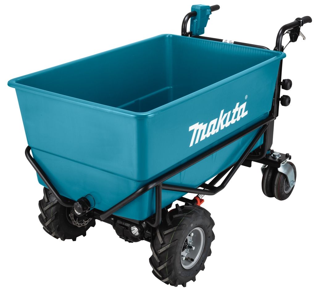 Carriola a batteria Makita DCU605Z 2 x 18V con vassoio di carico (batterie e caricabatterie esclusi).