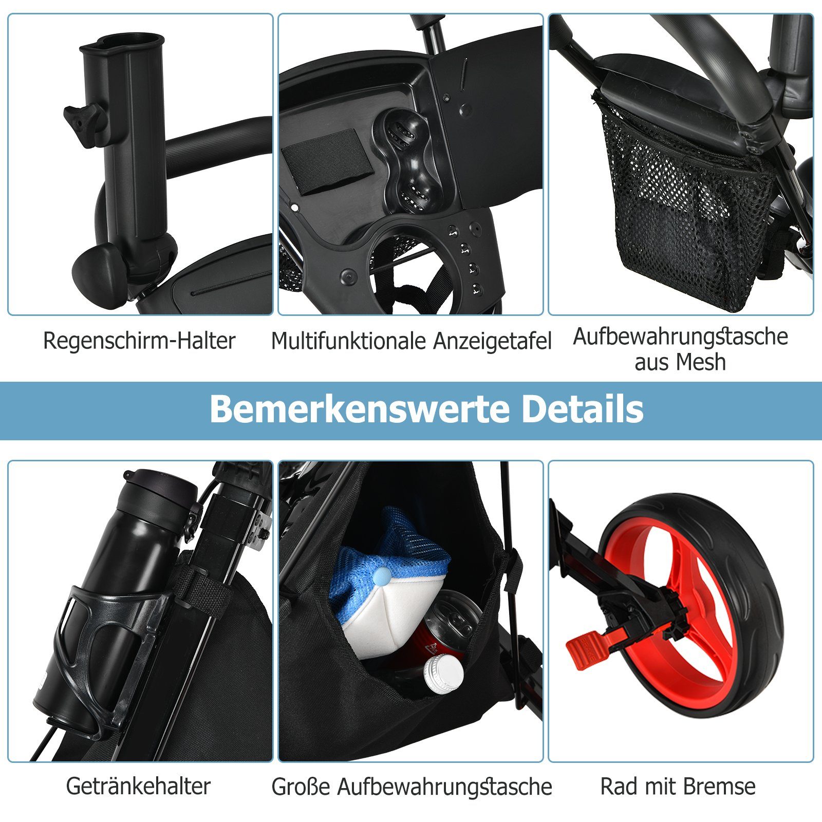 COSTWAY Golftrolley 3-Rad, mit Getränkehalter, Bremse, verstellbar