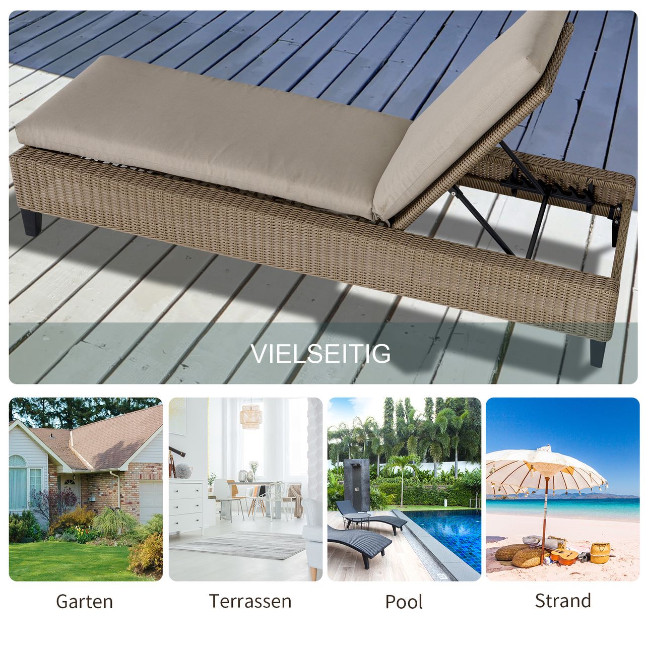 Outsunny Gartenliege Sonnenliege 5-stufig verstellbar Gartenmöbel Stahl Khaki