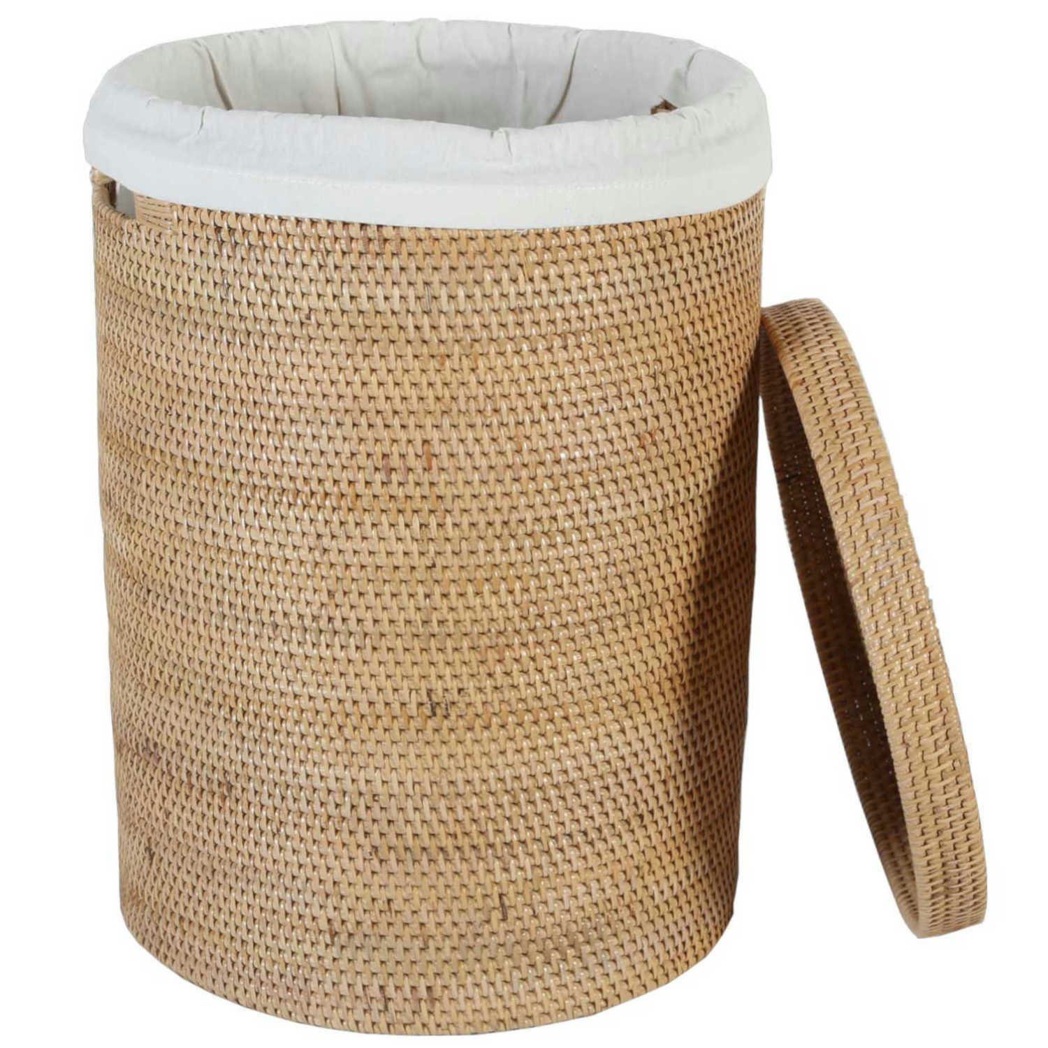 Casa Moro Wäschekorb Rattan Wäschekorb CLEO mit Deckel & Innenfutter rund (Aufbewahrungskorb rustikal geflochten, Rattankorb Weide Wäschebehälter), Boho Chic Wäschesammler mit Griff