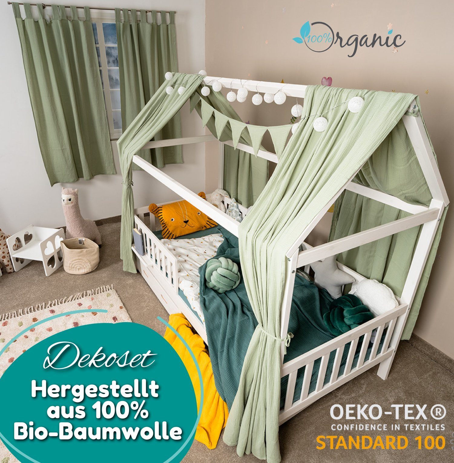 Alavya Home® Betthimmel Der Luxus DEKO SET für HAUSBETT 80x160 I 90x200 I Befristetes Angebot (KOMPLETT SET I 2 Stück Betthimmel I 1 Stück Wimpelkette 300cm cm lang mit 9 Stück Wimpeln, 3-tlg), Dekoset aus 100% Bio-Musselin Baumwolle GOTS zertifizier
