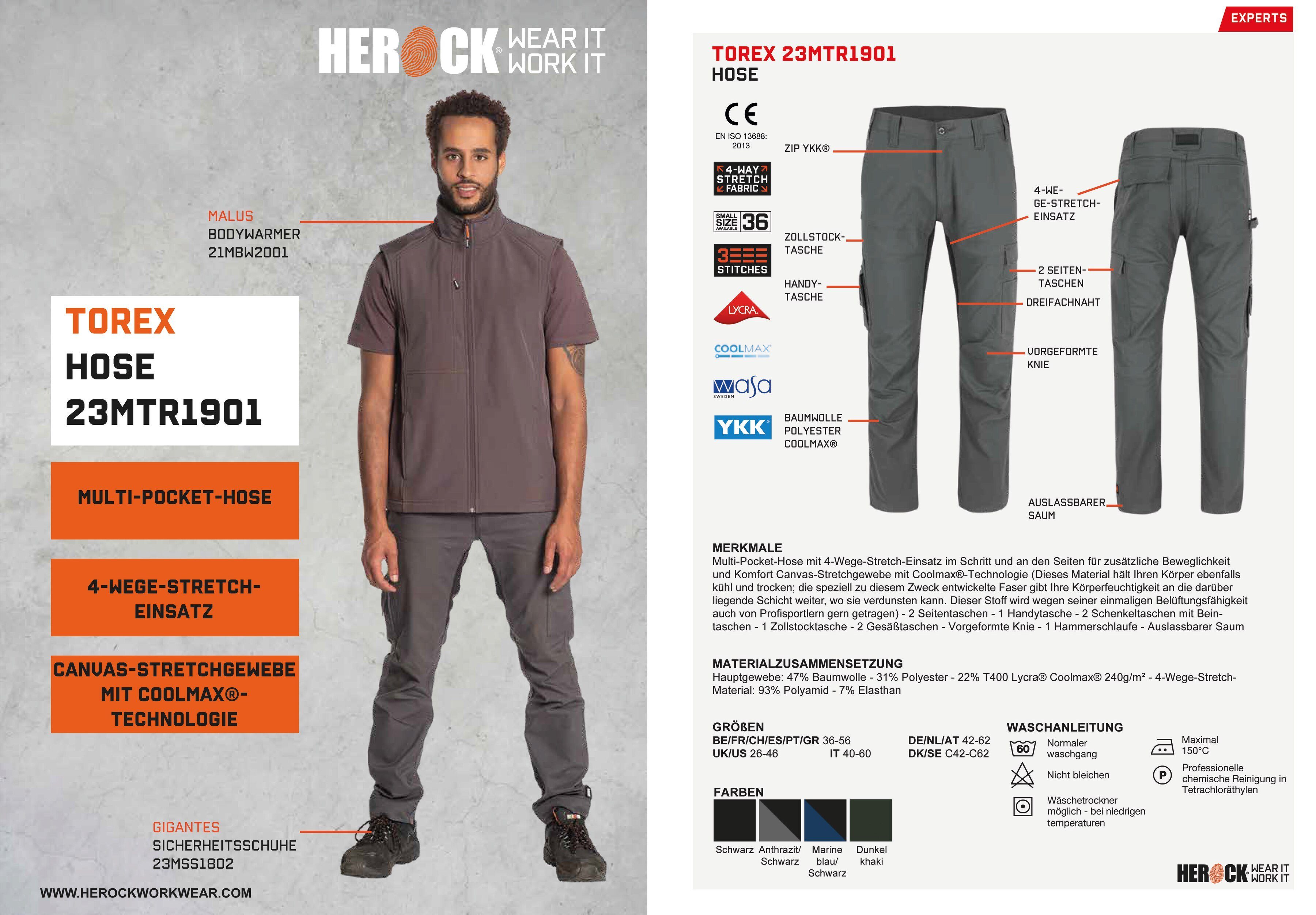 Herock Arbeitshose Torex Multi-Pocket, 4-Wege-Stretch, mit Coolmax®-Technologie