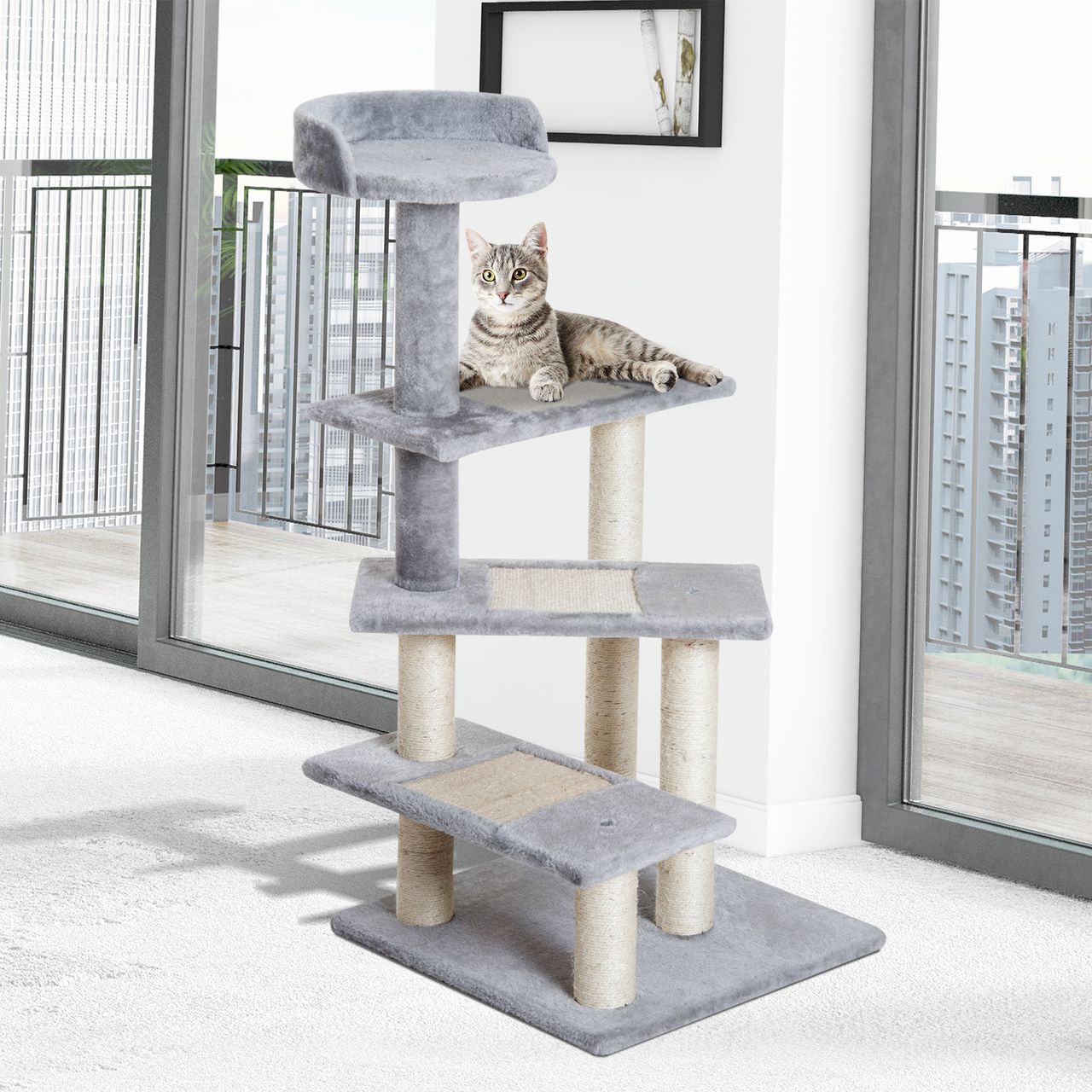 PawHut Kletterbaum Katzenbaum Spielbaum Katzenkratzbaum Treppe 5 Schichte Beige Grau 48 x 48 x 99,5 cm (LxBxH)