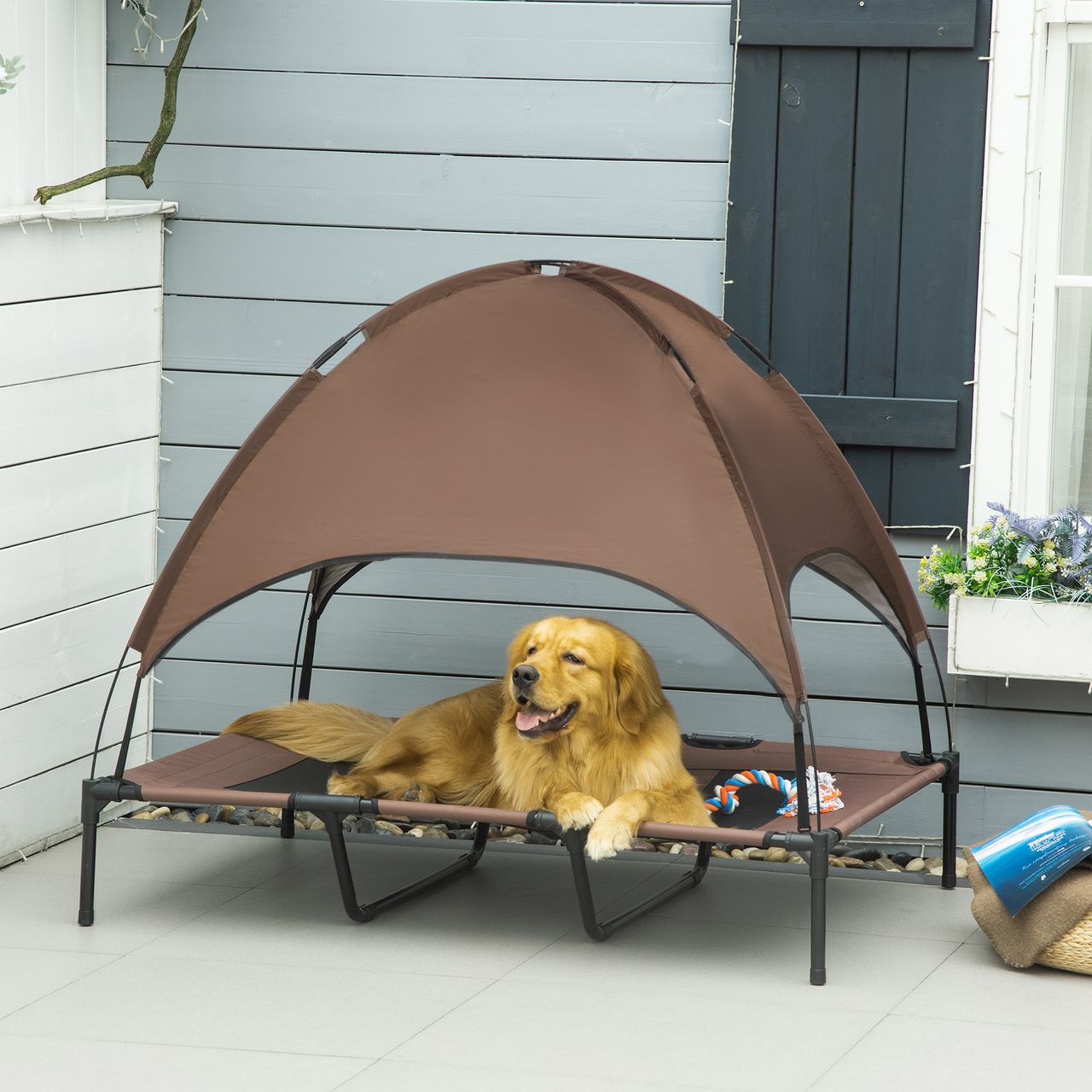 PawHut Haustierbett mit Baldachin Erhöhtes Hundebett Hundeliege outdoor Kaffee