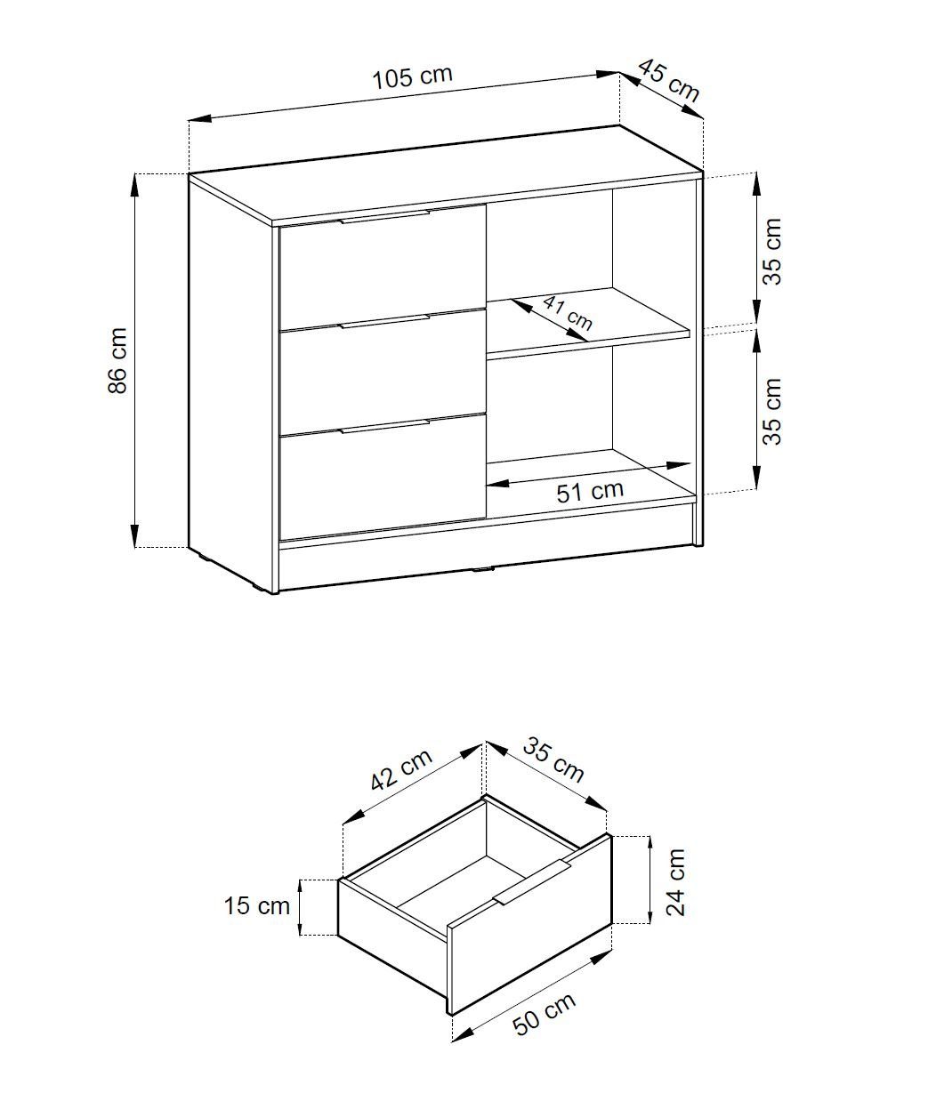 Compleo Kommode Kommode LISA, Sideboard mit Lamellen, drei Schubladen