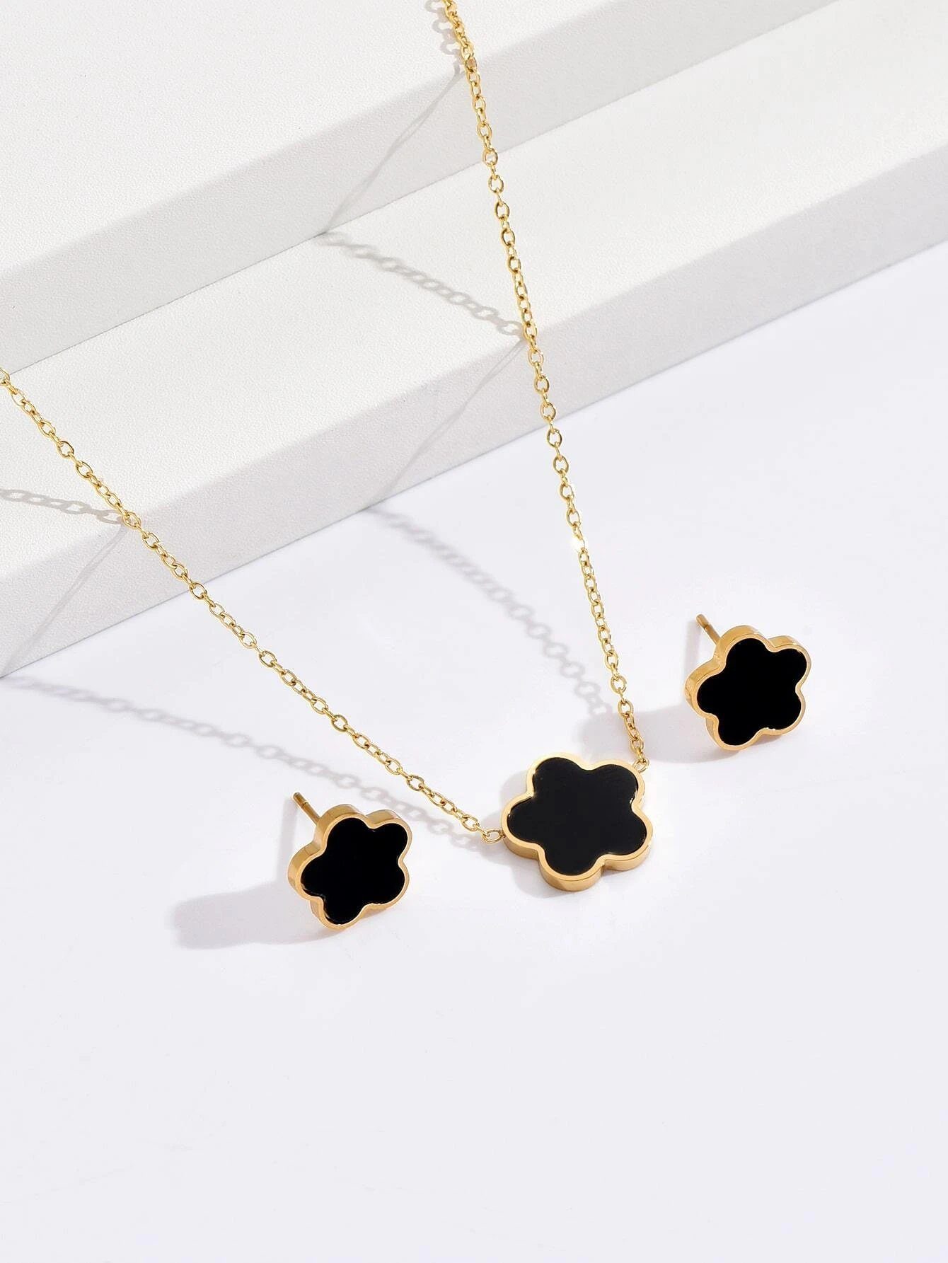 ENGELSINN Ohrring und Ketten Set Schmuckset Edelstahl-Schmuckset Halskette Ohrringe Blume Gold Schwarz (3-tlg), inkl. Geschenkbox