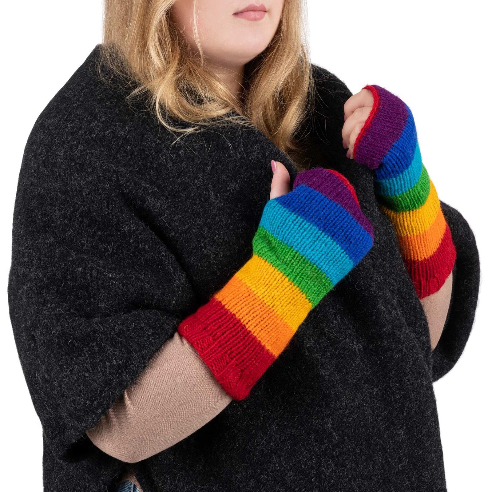 KUNST UND MAGIE Armstulpen Bunte Armstulpen Hand Pulswärmer Handschuhe Wolle Strick Regenbogen
