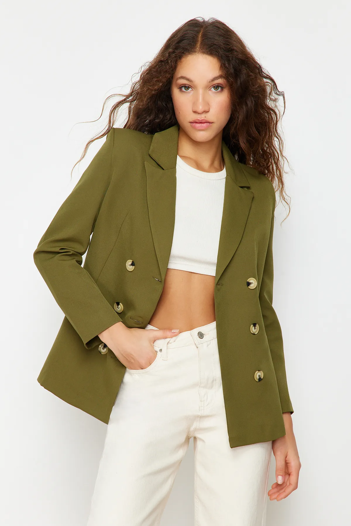 Trendyol Collection  Khakifarbene, gefütterte, zweireihige Blazerjacke aus Webstoff mit Knopfleiste TWOSS21CE0029