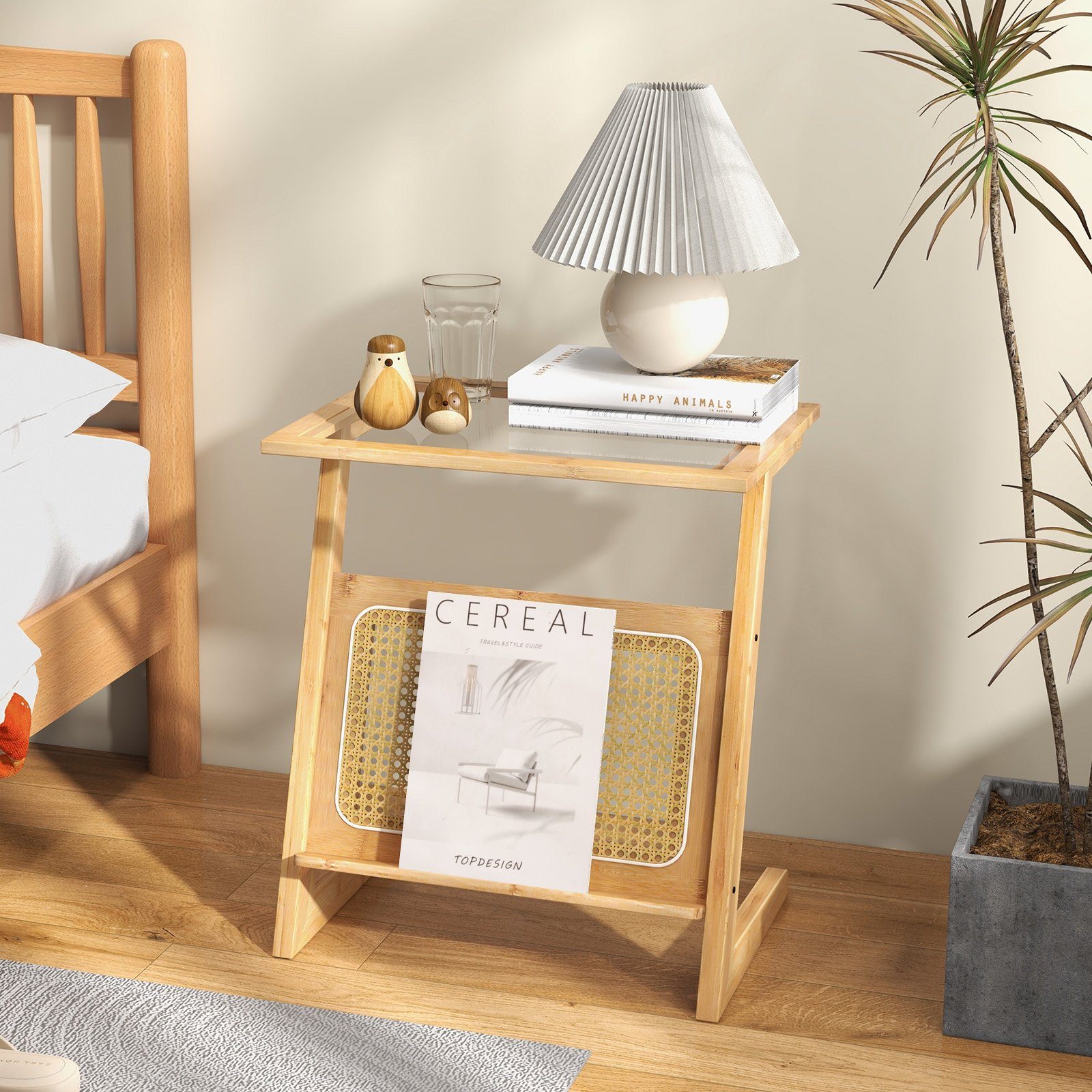 COSTWAY Beistelltisch, Bambus, Z-förmig, mit Rattan-Ablage & Glasplatte, Natur
