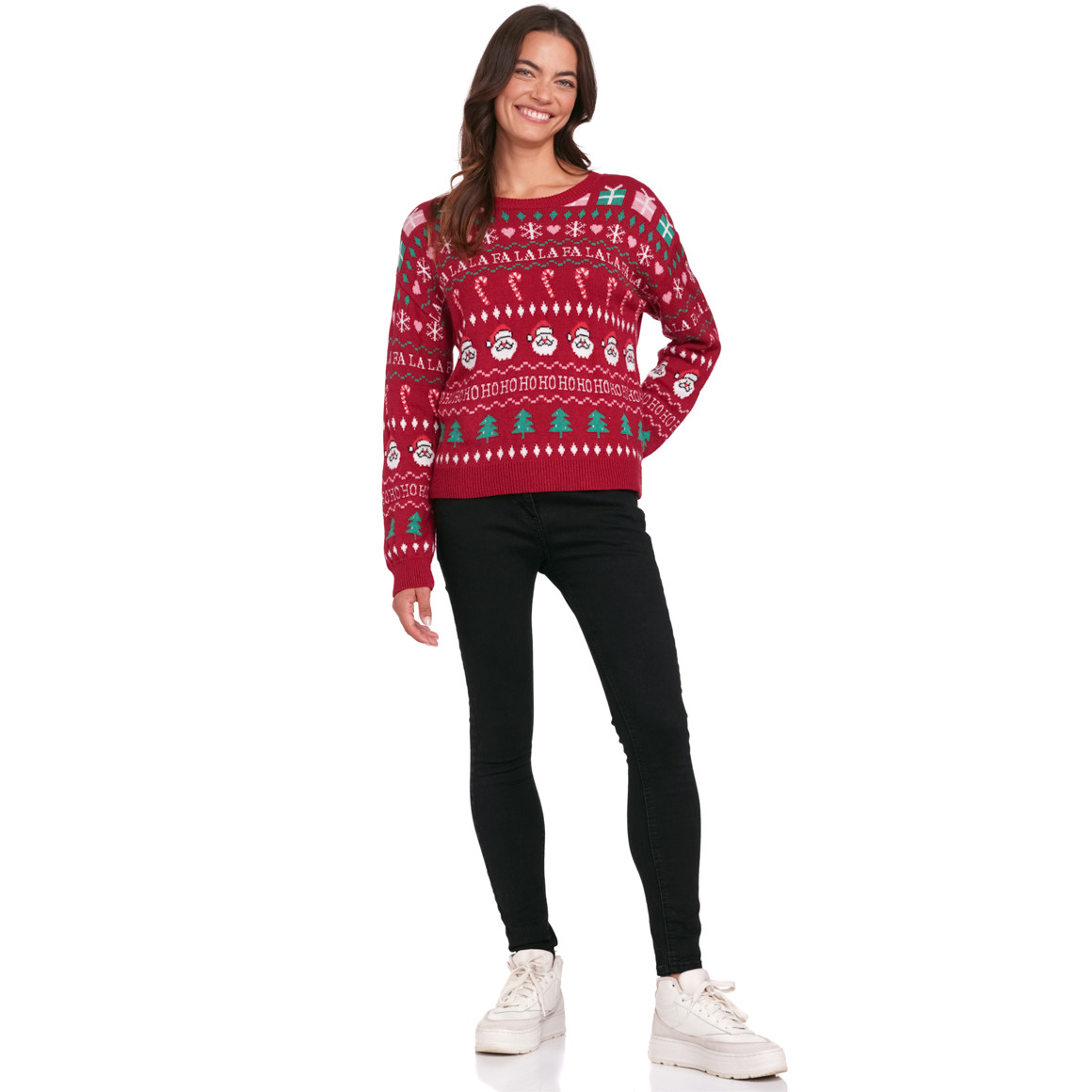 Damen Weihnachtspullover mit Allover-Motiv dunkelrot / grün / weiss