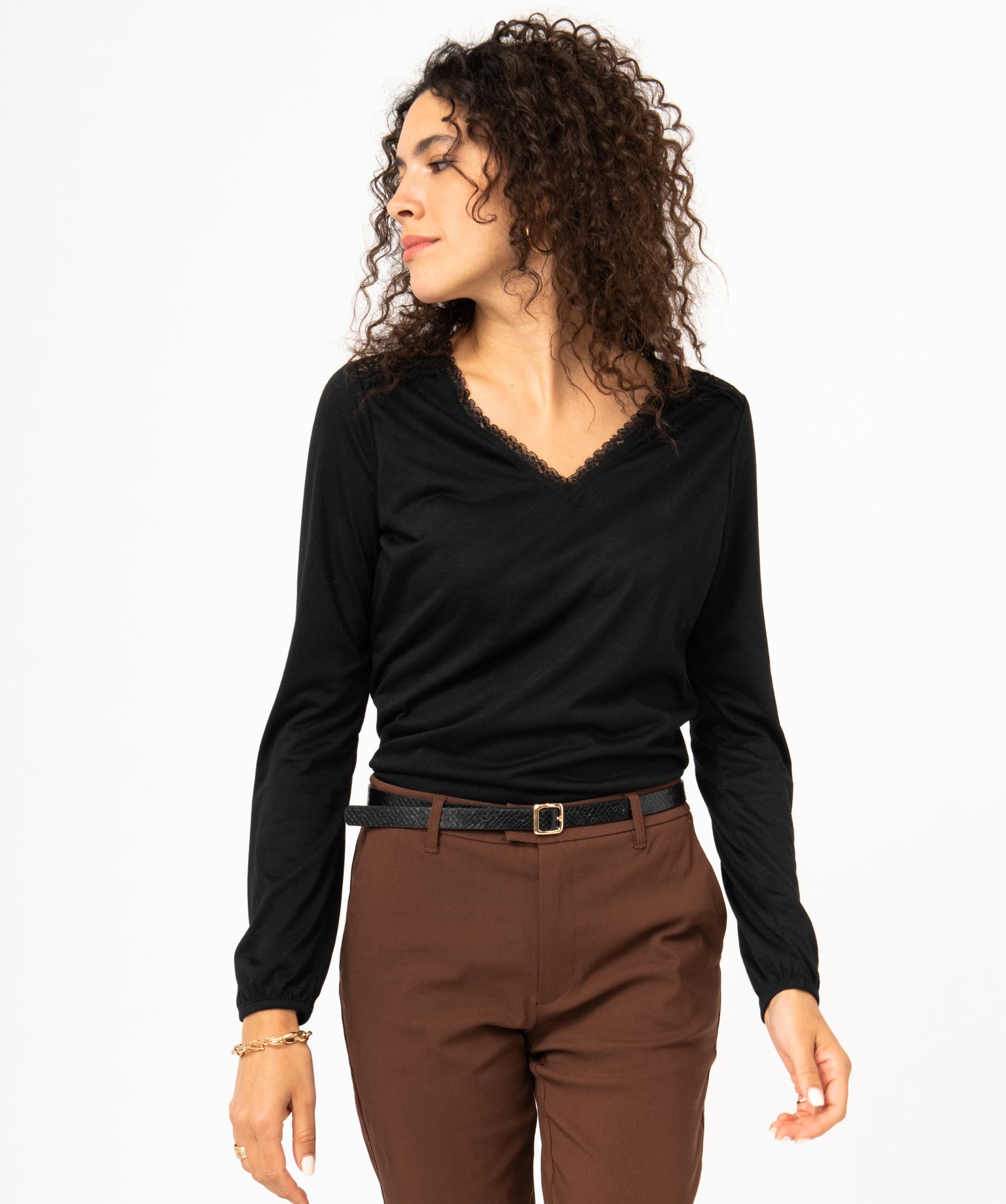 Tee-shirt à manches longues avec détails dentelle femme noir | GEMO