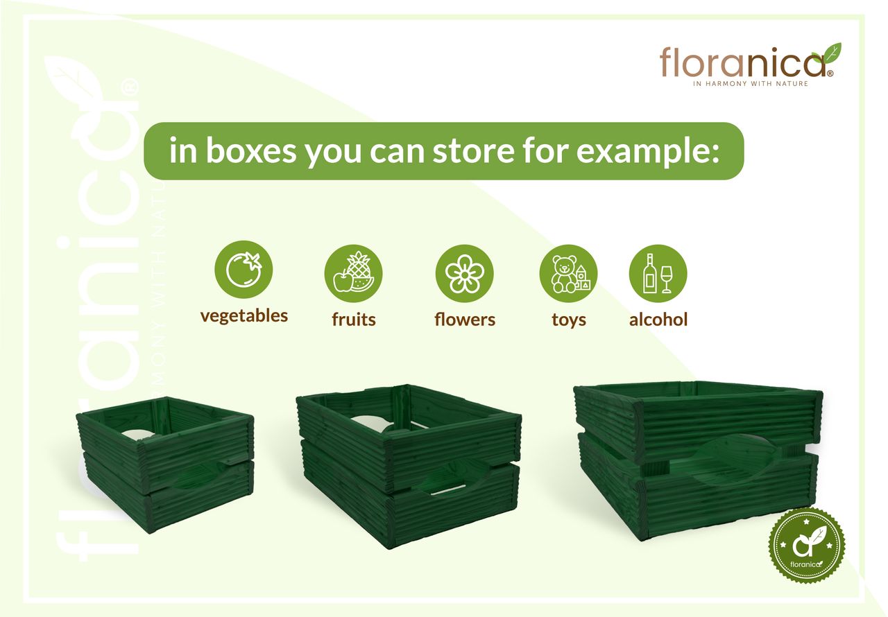 Pemicont Floranica Holzkiste Lärche Grün 3er Set Gartendeko Aufbewahrungsboxen Obstkisten Blumentopf Holz Kiste Spielzeugkiste