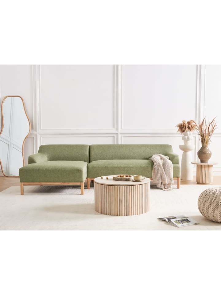 Beliani Ecksofa SOSJO in Grün/Heller Holzfarbton - (W) 251 x (H) 74 x (L) 132 cm günstig kaufen onesize