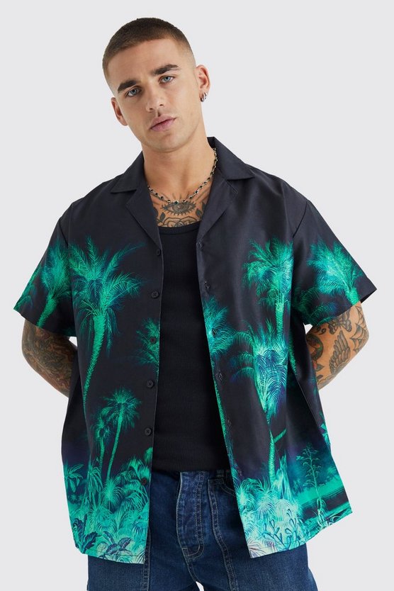 Kurzärmliges Oversize Hemd mit Palmen-Print