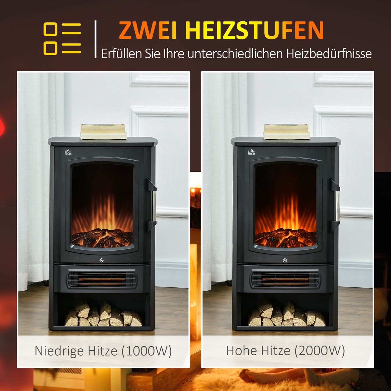 HOMCOM LED Elektrokamin Standkamin Kaminofen mit Flammeneffekt 1000/2000W Innenraumheizung Heizlüfter Panorama-Sichtfenster Elektrischer Kamin mit Heizung 2 Heizstufen Stahl Schwarz 44,5 x 32 x 74 cm