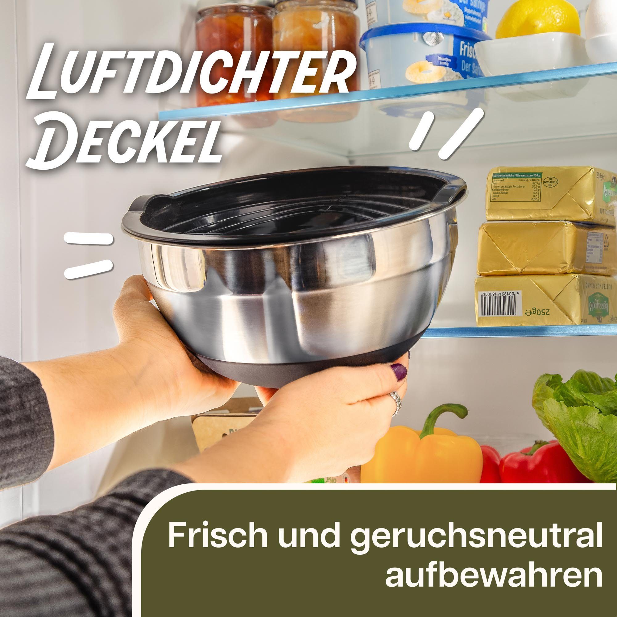 Praknu Salatschüssel mit Deckel - Schüsselset aus Metal Groß Tupperware Edelstahlschüssel, Edelstahl, (Set, 3-tlg), Luftdicht - Rührschüssel mit Messskala - Ideal zum Mischen