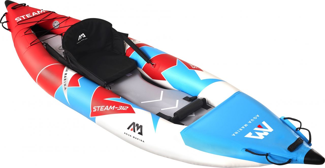 PureHaven Aqua Marina Kajak 312x83 cm für 1 Person mit Luftsitz verstellbarer Lehne Transporttasche Reparaturset und Handpumpe strapazierfähig Blau/Weiß/Rot