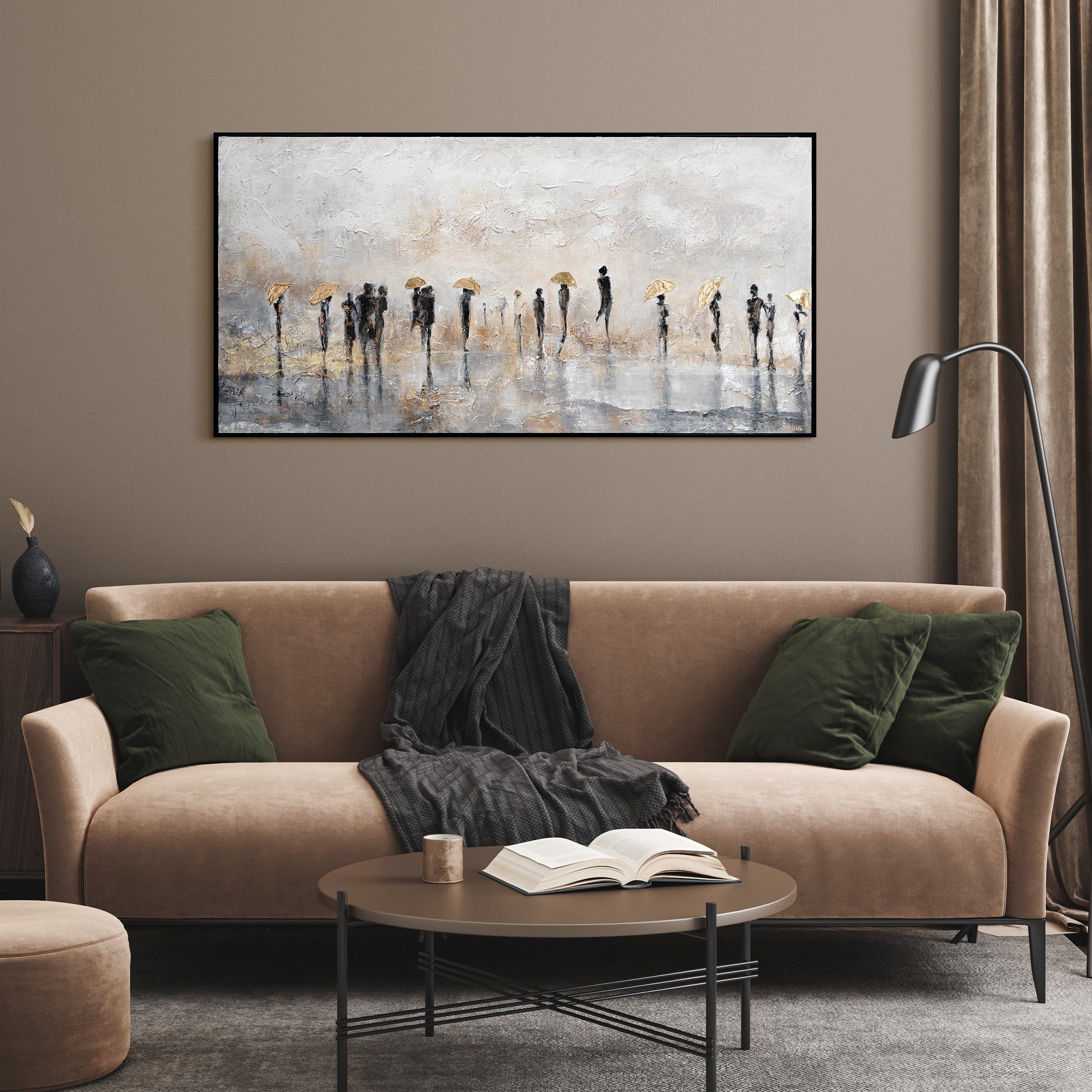 YS-Art Gemälde Sommerregen, Leinwand Bild Handgemalt Menschen Regenschirm Gold mit Rahmen
