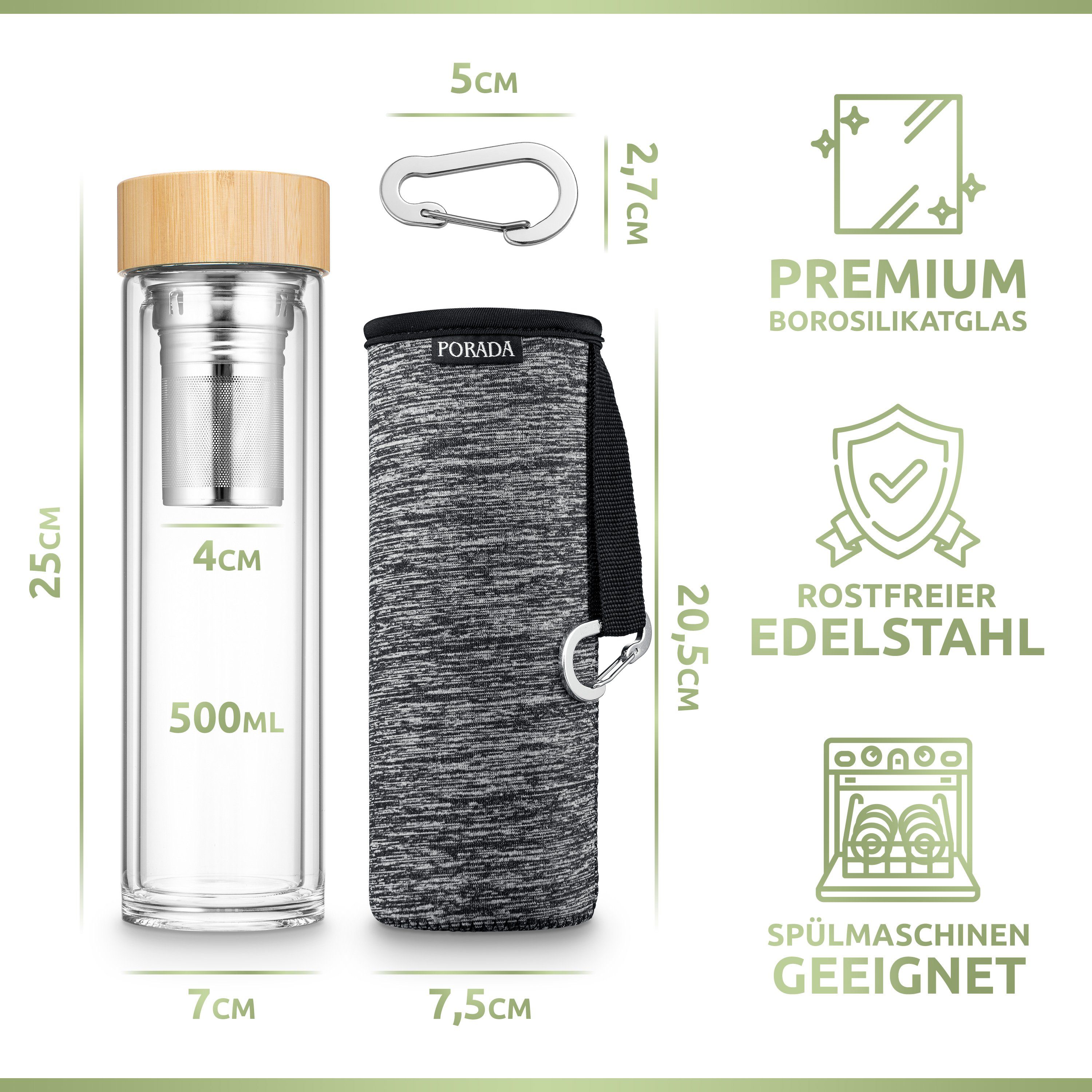 PORADA Trinkflasche Teeflasche Glas 500ml Sieb to go Trinkflasche Thermoskanne Teesieb, Handarbeit, platzsparend, wärmeisoliert, doppelwandig