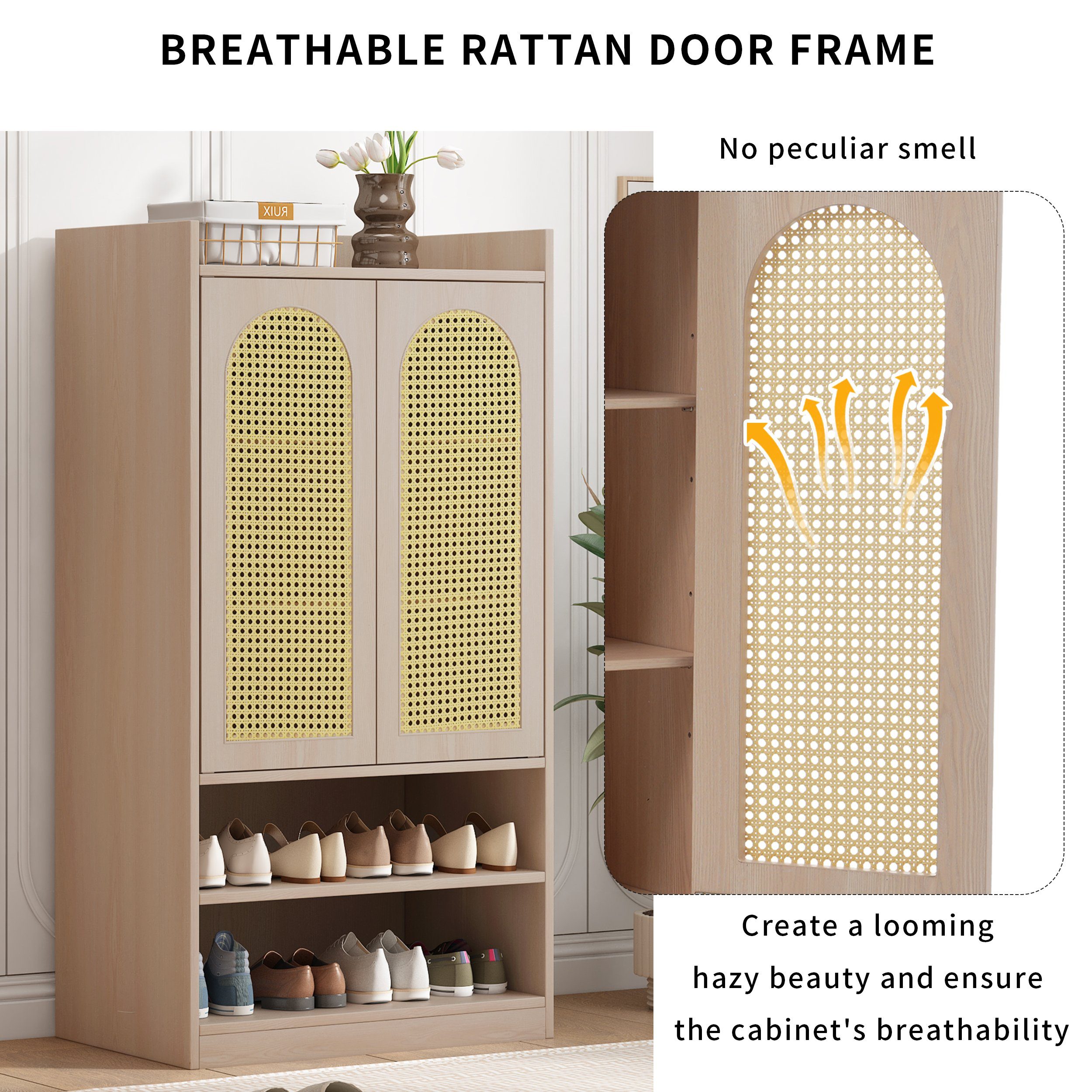 OKWISH Highboard sideboard (Sideboard mit Polyrattan-Tür), Mit verstellbaren Einlegeböden, Schuhschrank Landhausstil