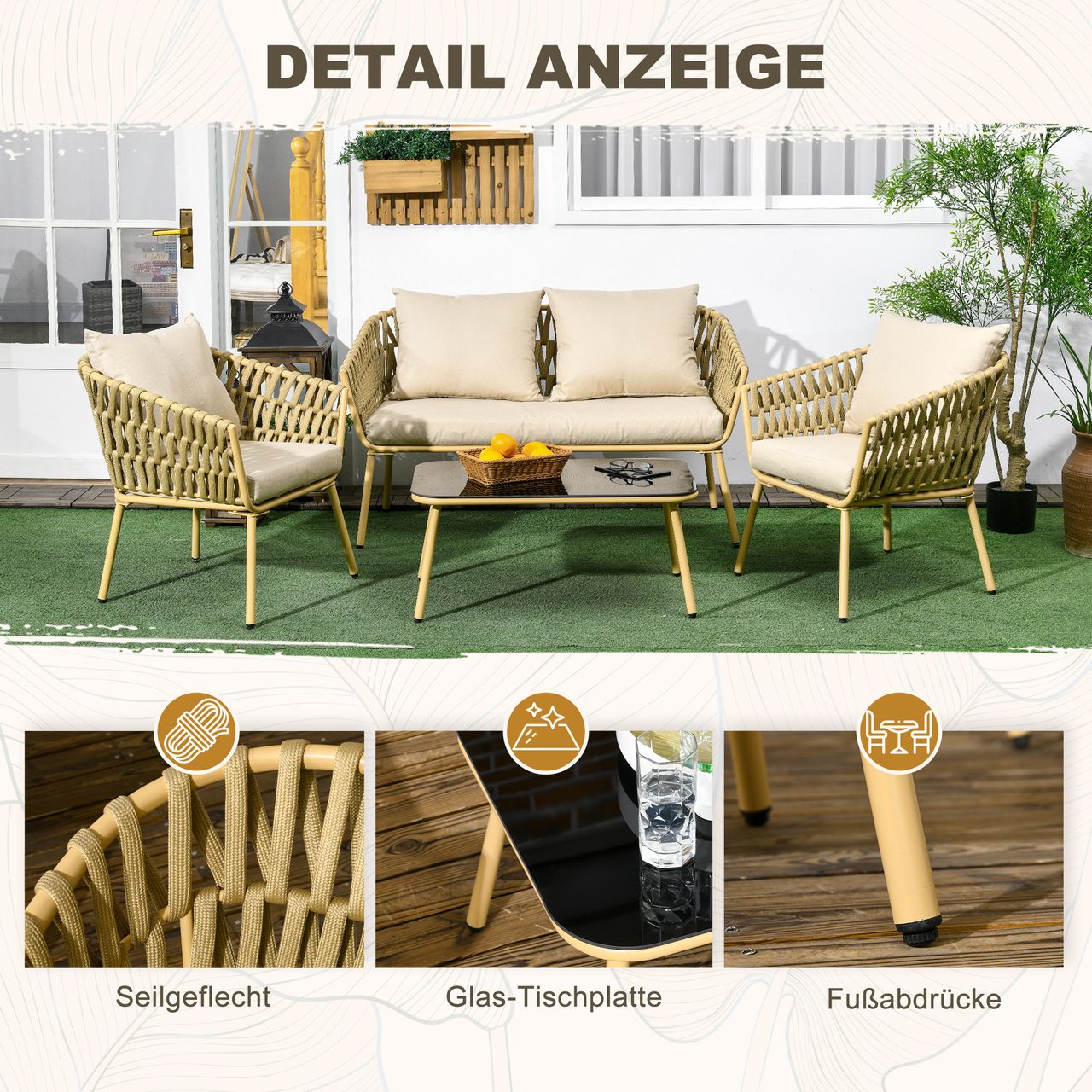 Outsunny 4 tlg. Gartenmöbel-Set mit 1 Couchtisch 2 Sesseln 1 Doppelsofa