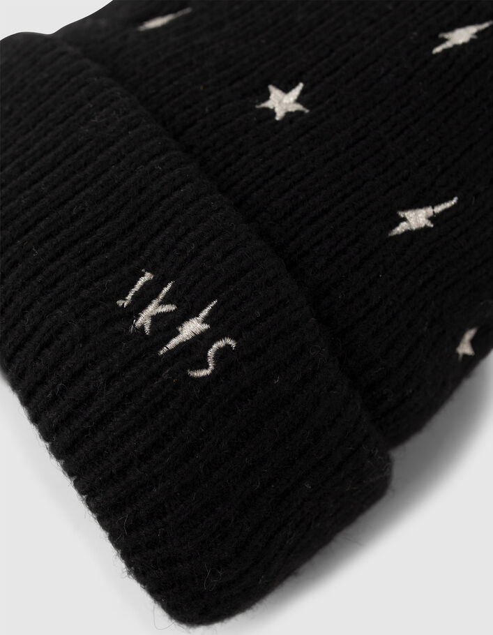 Bonnet noir tricot brodé étoiles et éclairs dorés fille
