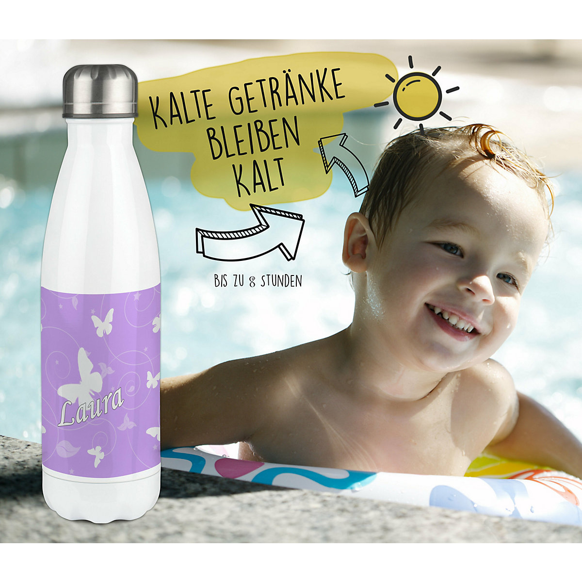 Edelstahl Kinder Thermoflasche / Trinkflasche bunt Schmetterling Ornamente Farbe flieder Spülmaschinenfest, Auslaufsicher, Bruchfest, Doppelwandig, Für Heißgetränke geeignet, Mit Deckel, Isoliert