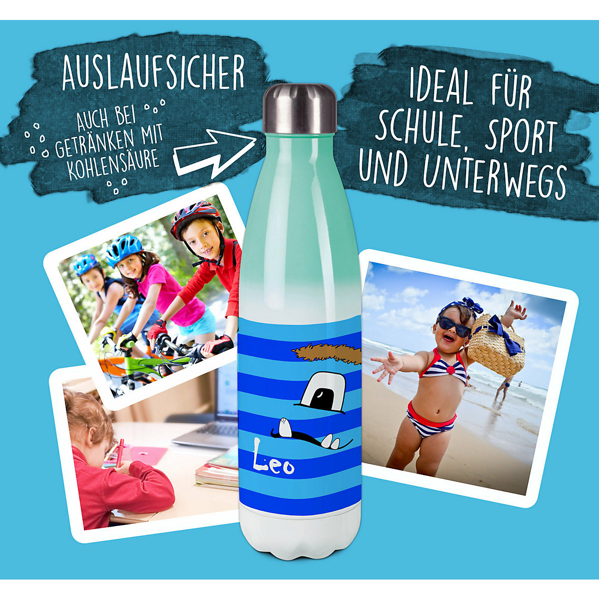 Edelstahl Kinder Thermoflasche / Trinkflasche bunt Monster Streifen Farbe blau Spülmaschinenfest, Auslaufsicher, Bruchfest, Doppelwandig, Für Heißgetränke geeignet, Mit Deckel, Isoliert