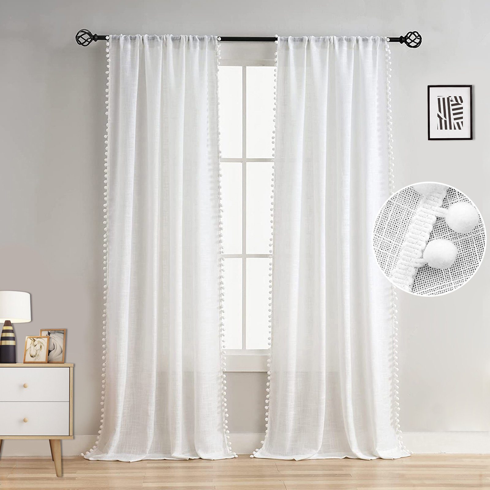 Schiebegardine Boho Vorhänge Stabtaschenvorhang,Bistrogardine,Weiß,Cream,Transparent, BTTO, Retro Vorhänge 2er Set, Polyester, mit Ball Pompom / Quasten