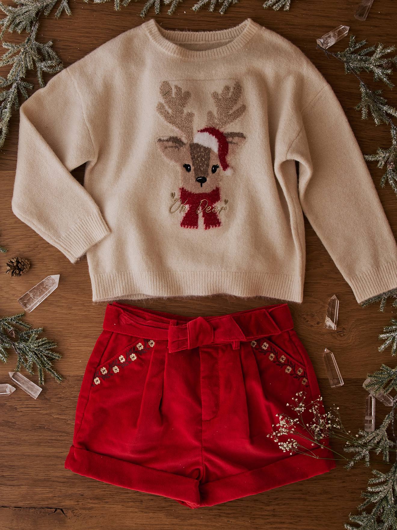 Vertbaudet Mädchen Geschenk-Set: Weihnachtspullover & 2 Haargummis - wollweiß